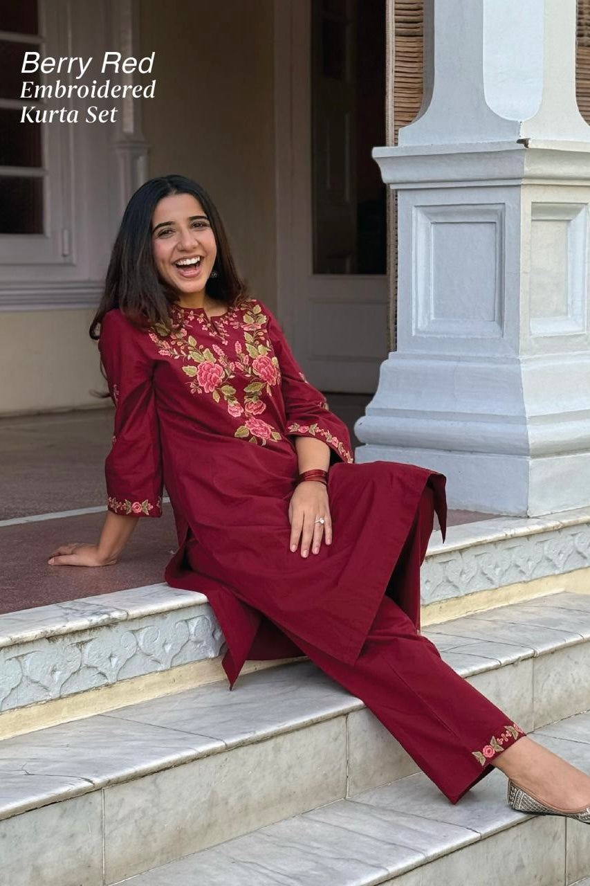 Berry Red Embroidered Kurta Set | HER-721