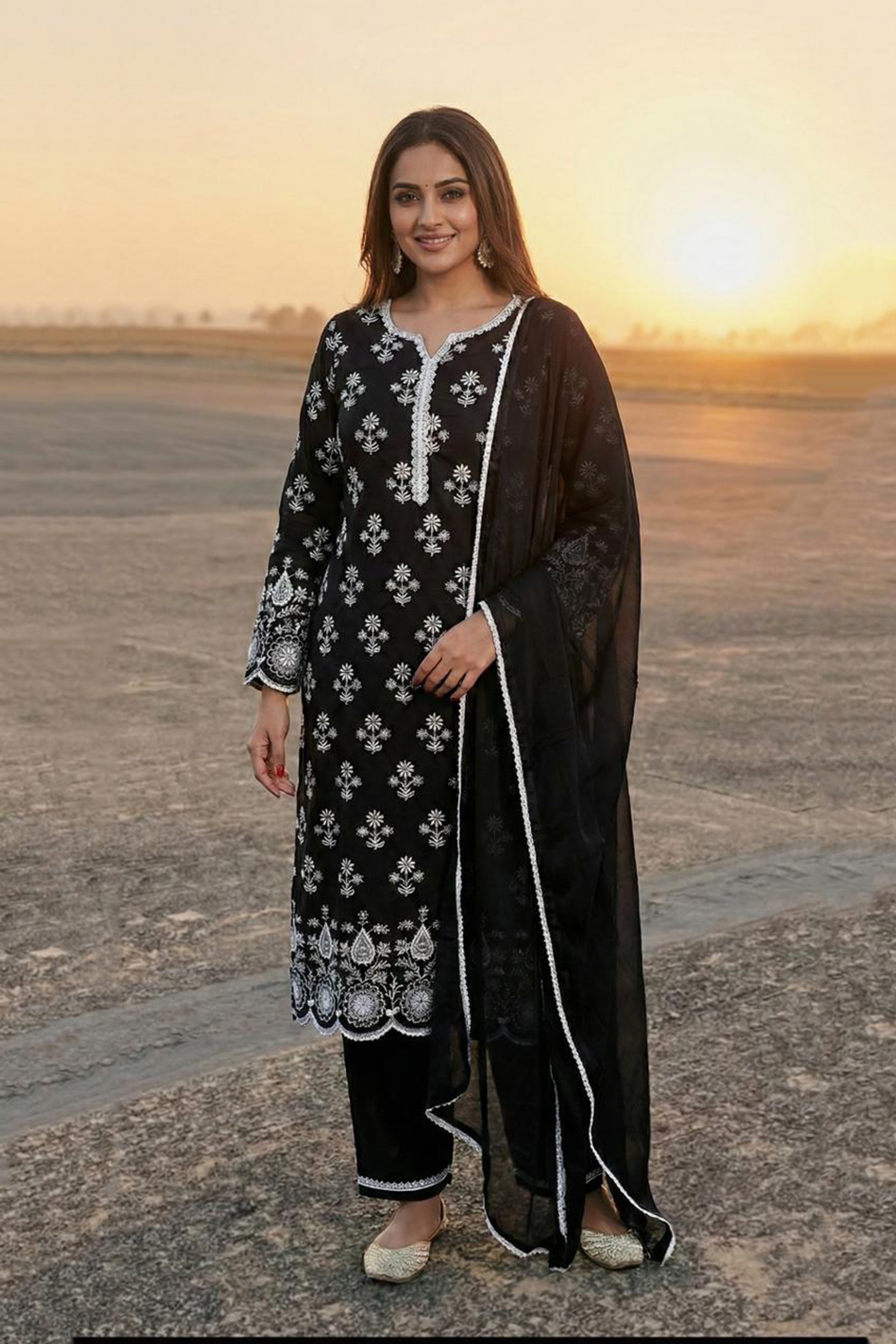 Noir Black Cotton Embroidered Suit Set | HER-353