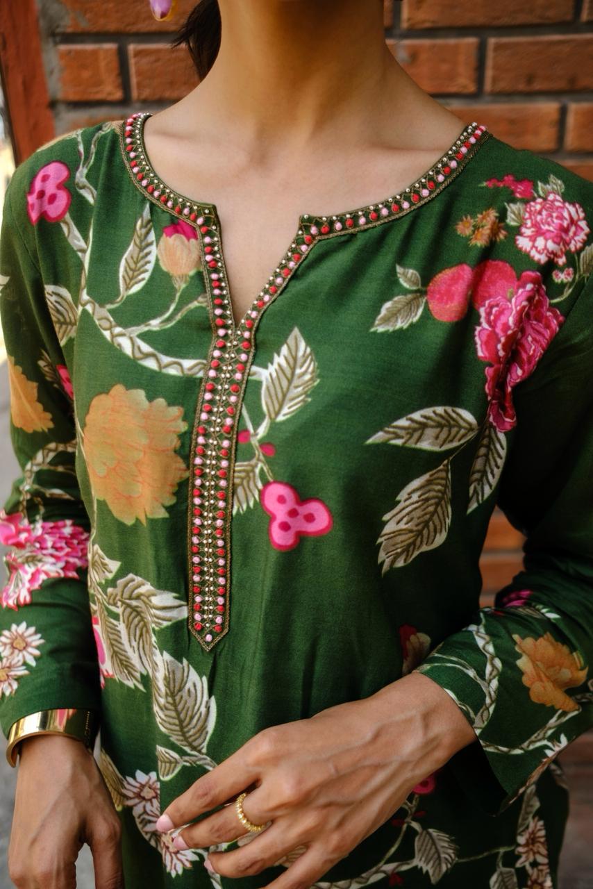 Emerald Green Floral Chanderi Suit Set | HER-605