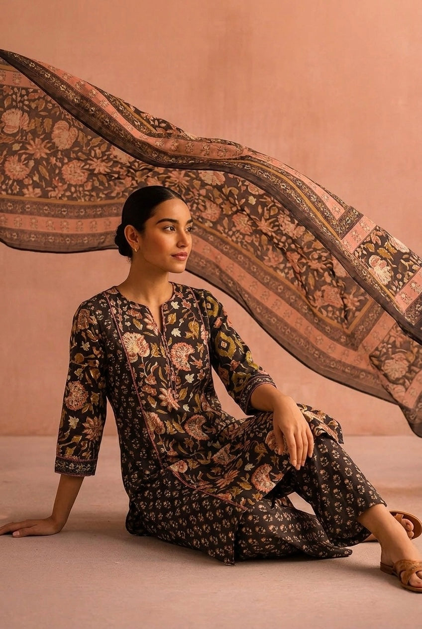 Dark Brown Floral Printed A-Line Cotton Suit Set | HER-713