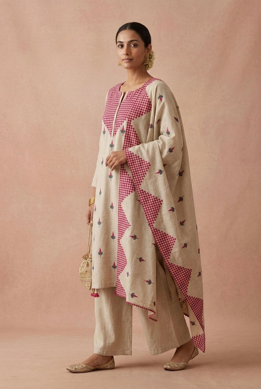 Ivory Beige and Pink Embroidered Pure Chanderi Suit Set