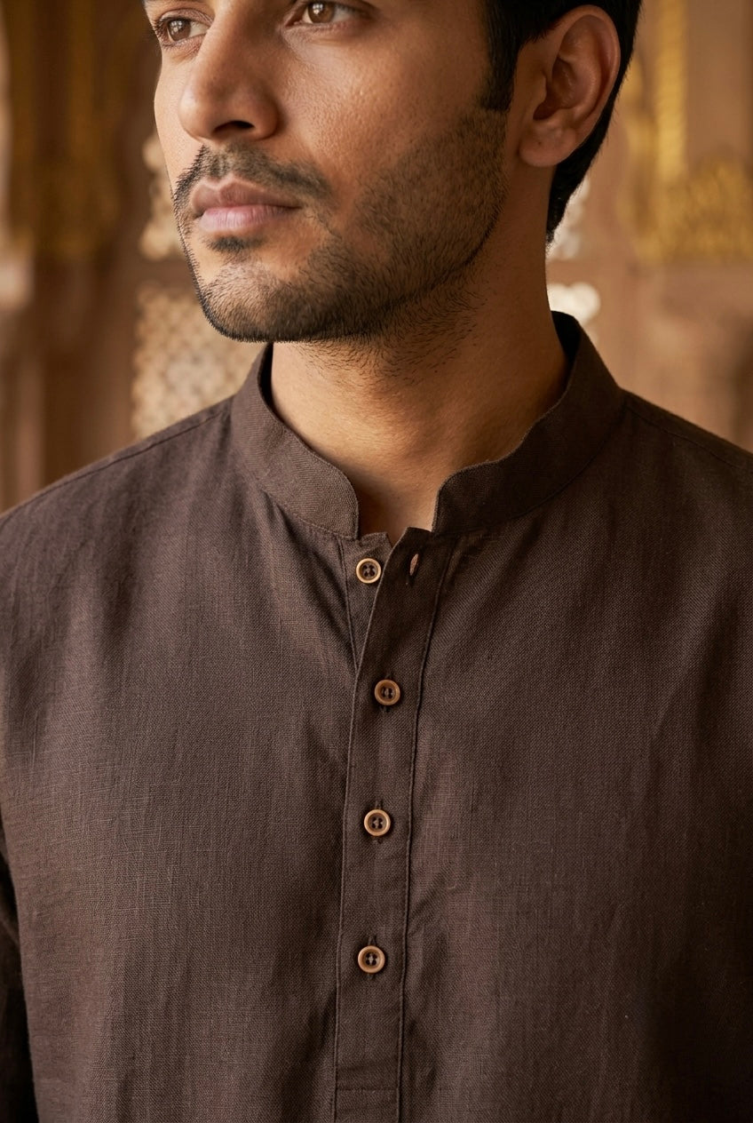 Men’s Pure Linen Kurta Pajama Set - Dark Chocolate Brown