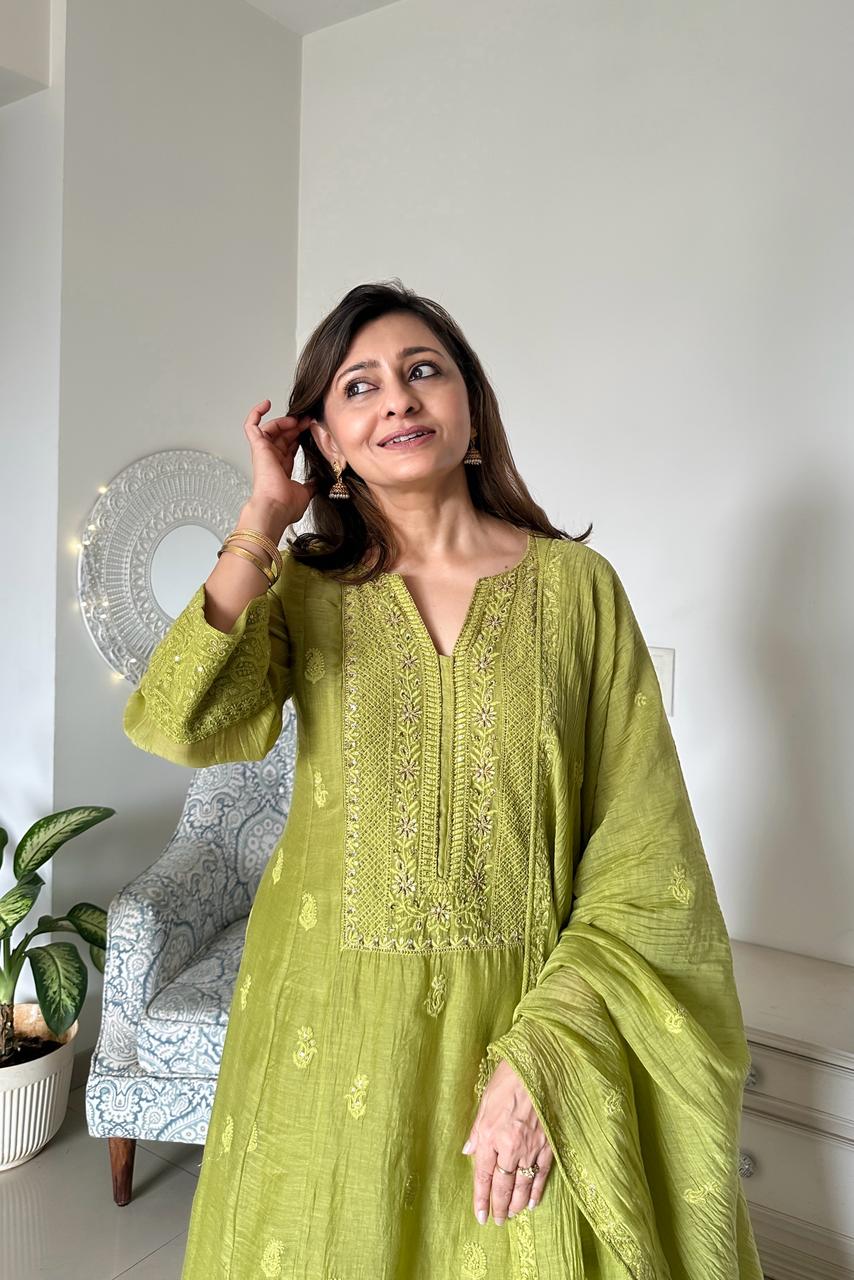 Mehndi Green Chikankari A-Line Mul Chanderi Suit Suit Set | HER-627