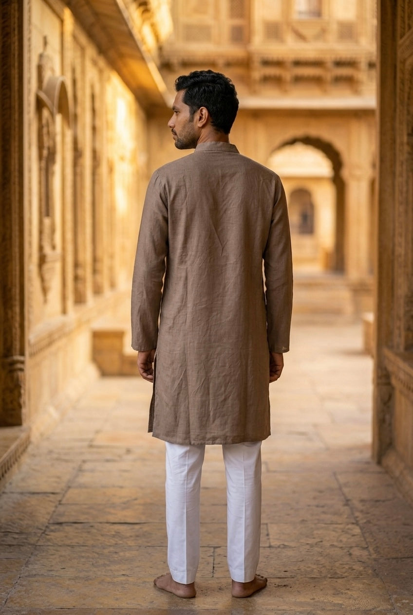Men’s Pure Linen Kurta Pajama Set - Taupe Brown