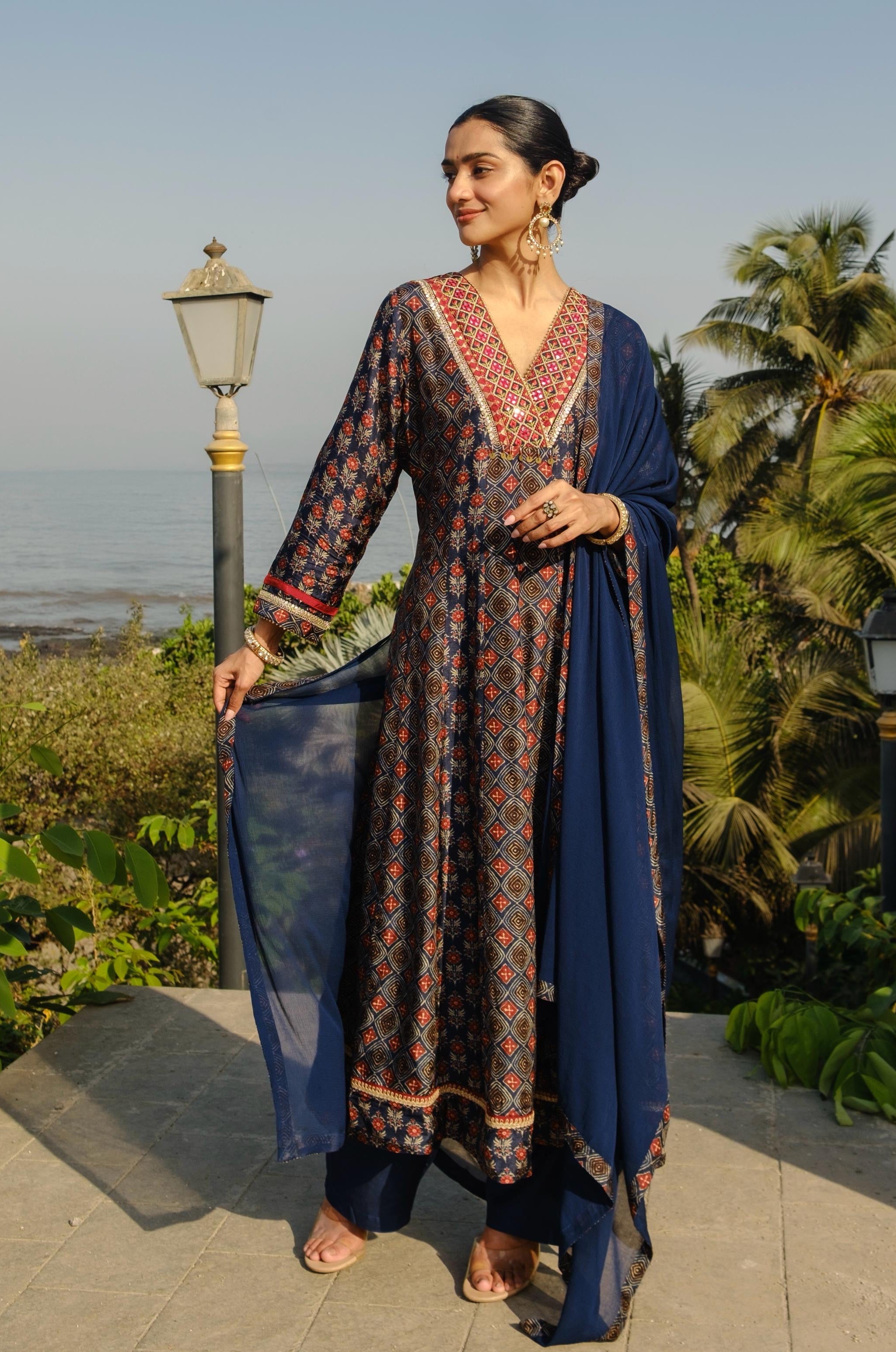 Blue Chanderi Silk A-Line Suit Set | HER-637 x Prachi