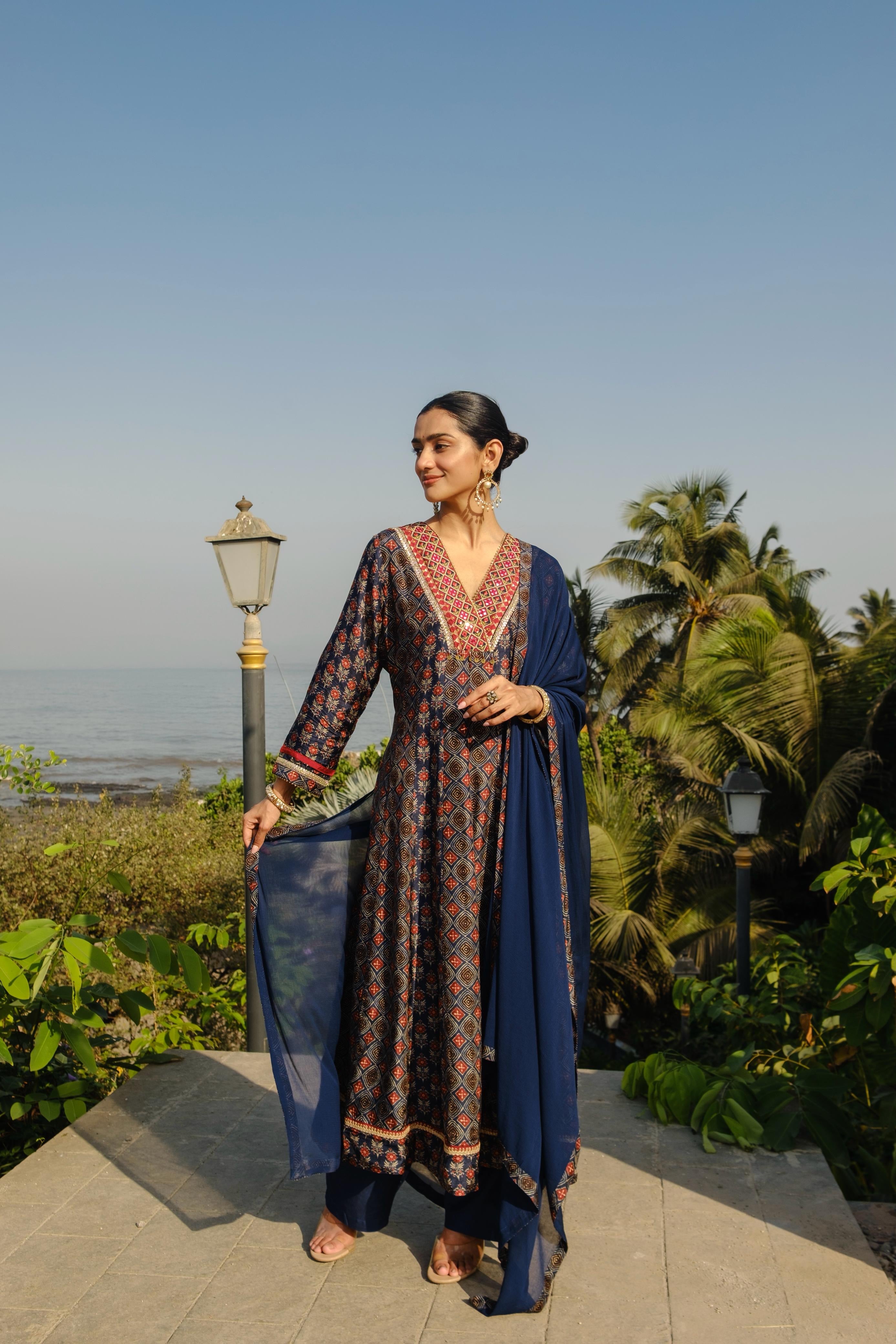 Blue Chanderi Silk A-Line Suit Set | HER-637 x Prachi