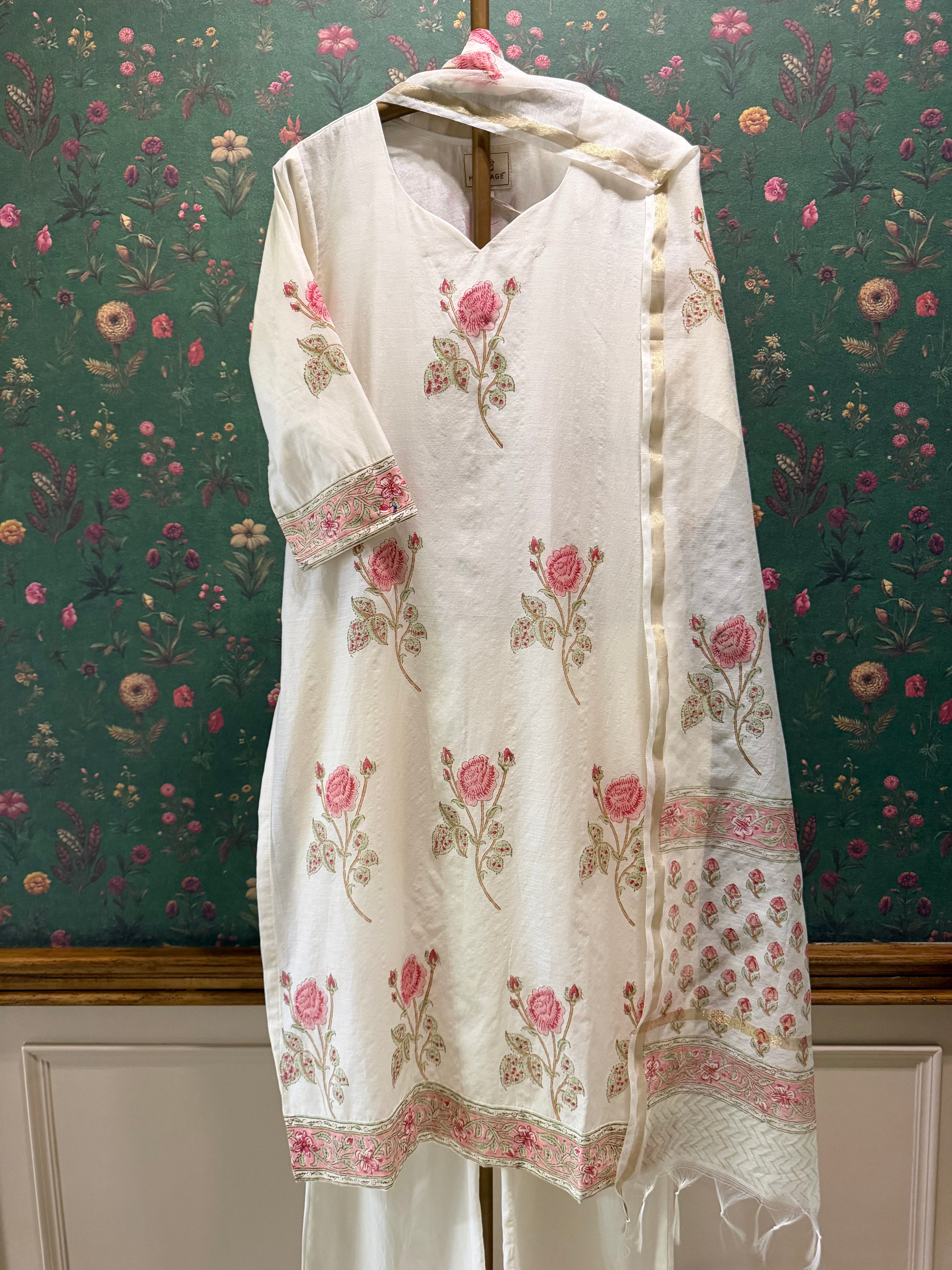 Ivory White Rose Printed Chanderi Suit Set | HER-759