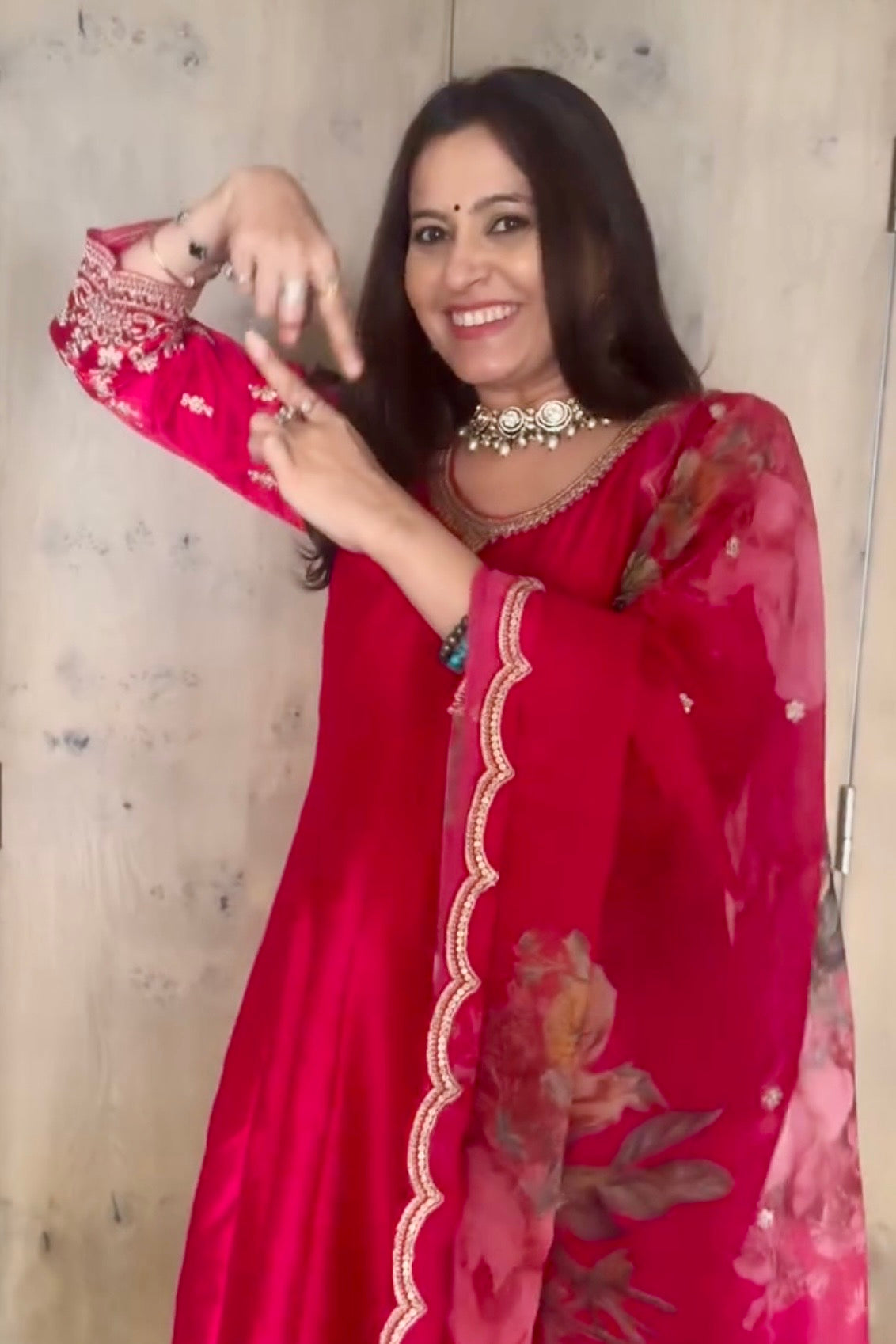 Ruhani Fuchsia Pink Satin Silk Suit Set with Golden Embroidery & Floral Organza Dupatta | HER-560