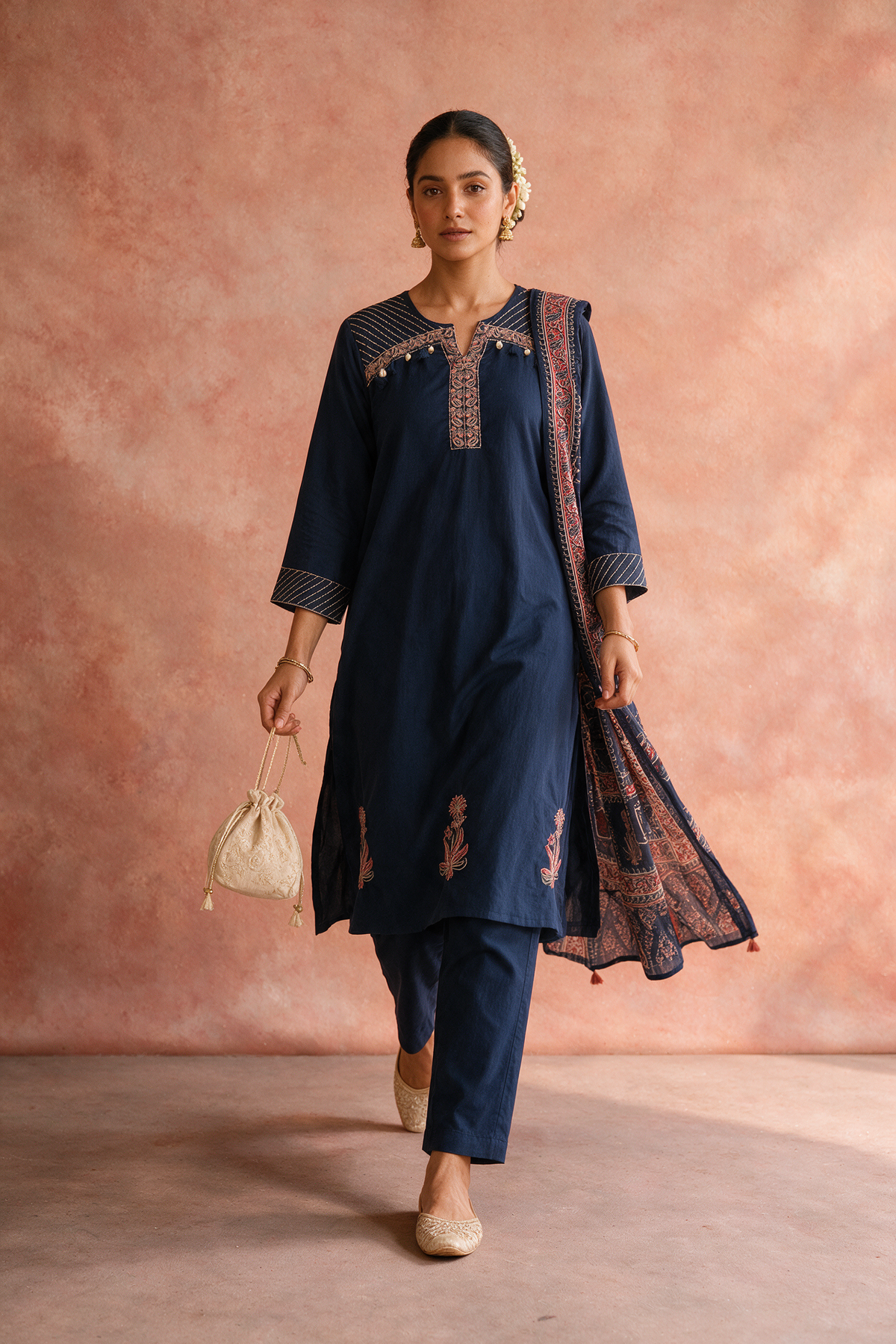 Navy Blue Embroidered Pure Cotton Suit Set