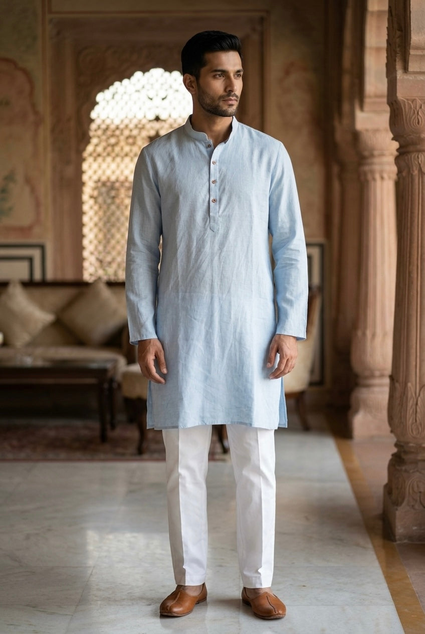 Men’s Pure Linen Kurta Pajama Set - Powder Blue