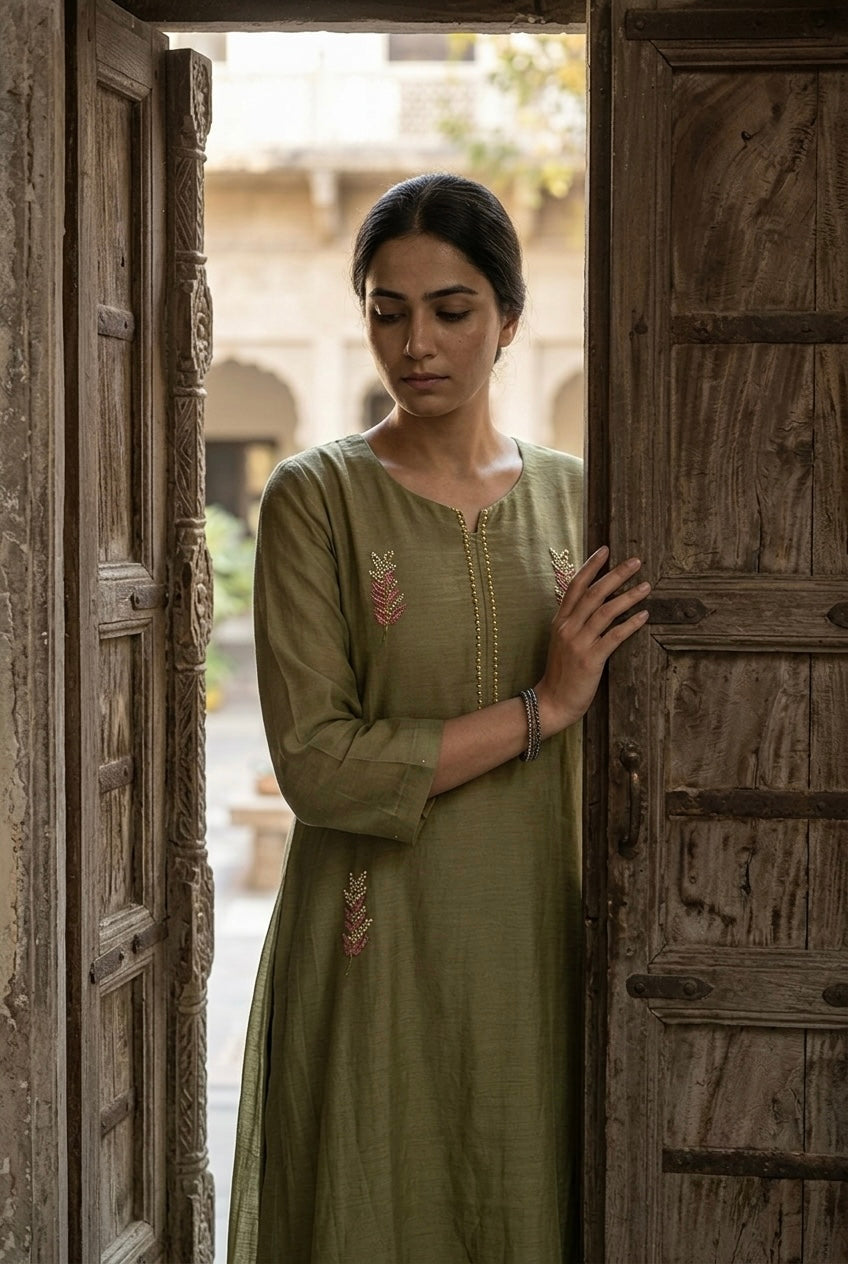 Olive Green Embellished Mul Chanderi A-Line Suit Set