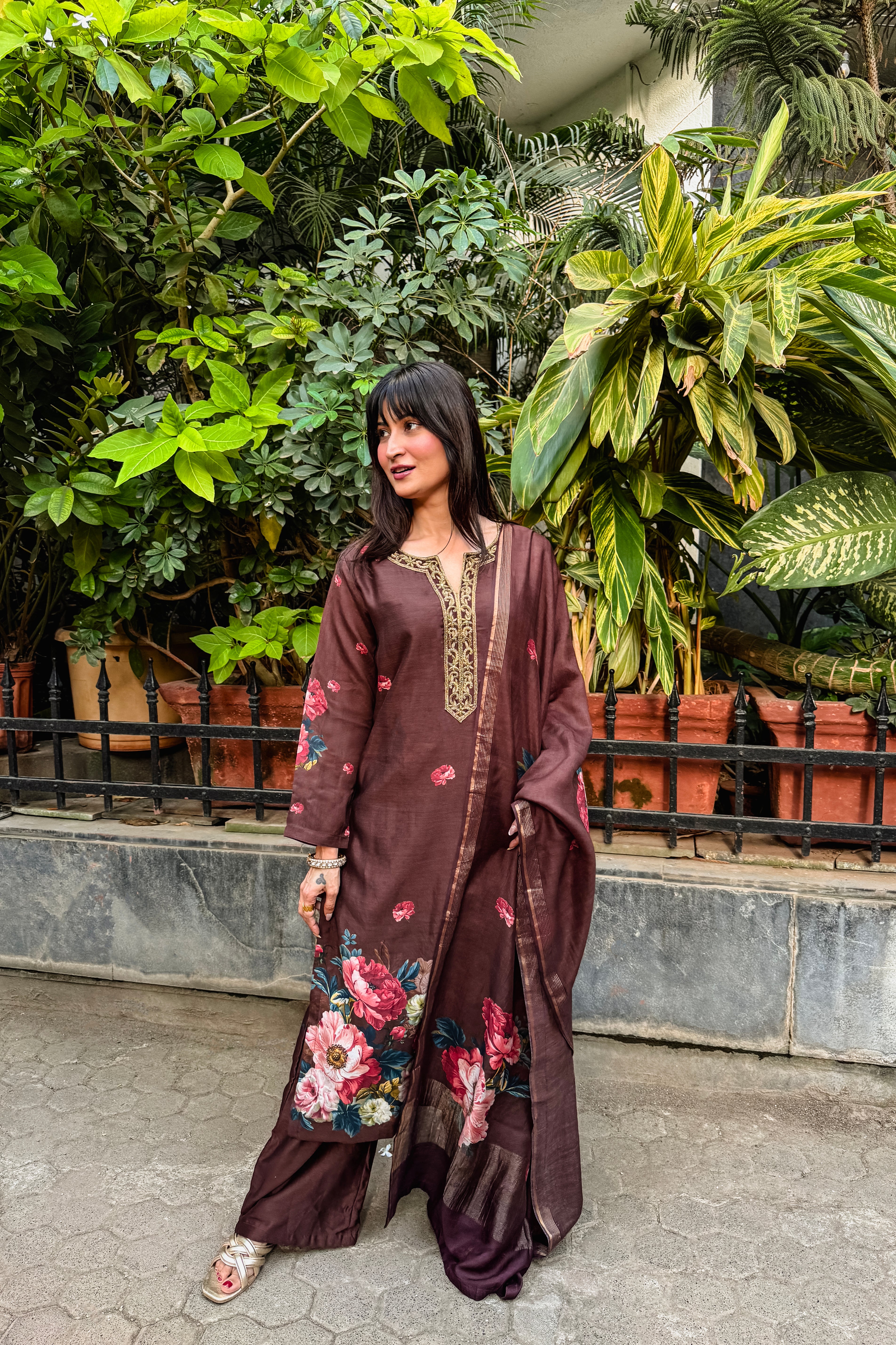 Noorbagh Deep Cocoa Brown Chanderi Suit Set x Noorin Sha | HER-603