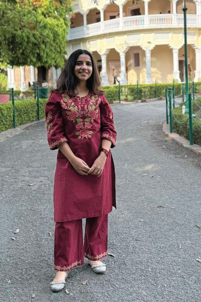 Berry Red Embroidered Kurta Set | HER-721