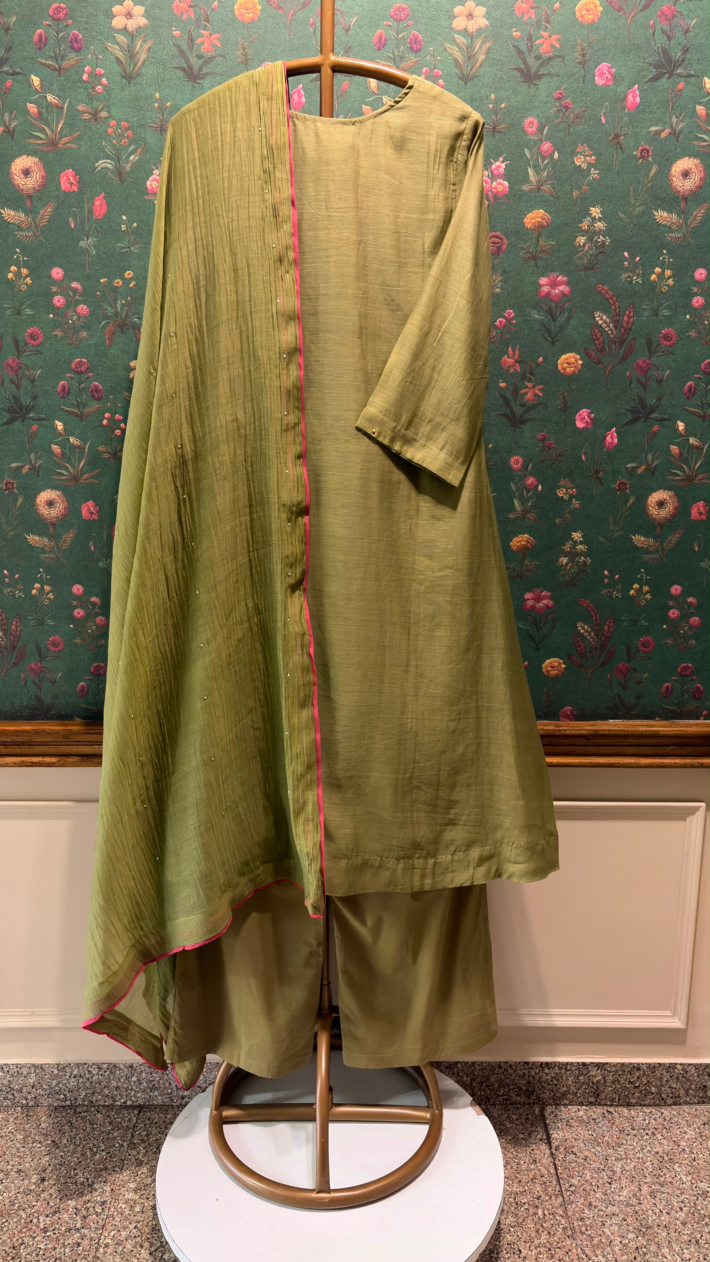 Olive Green Embellished Mul Chanderi A-Line Suit Set