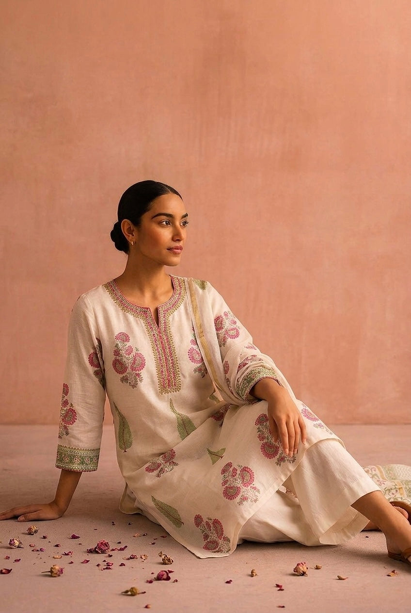 Ivory White Floral Printed Chanderi Suit Set | HER-758