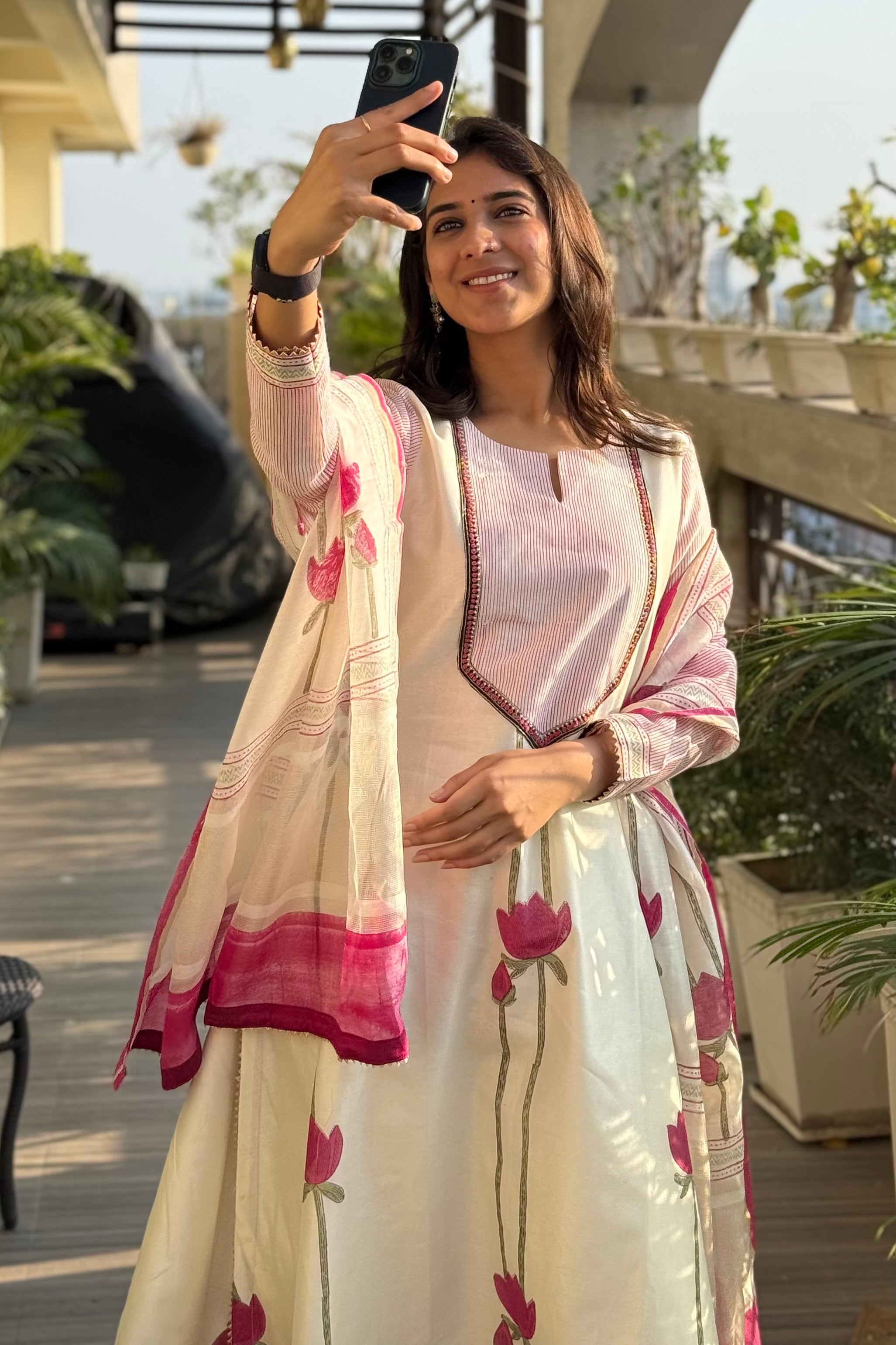 Ivory Lotus Pure Chanderi A-Line Suit Set