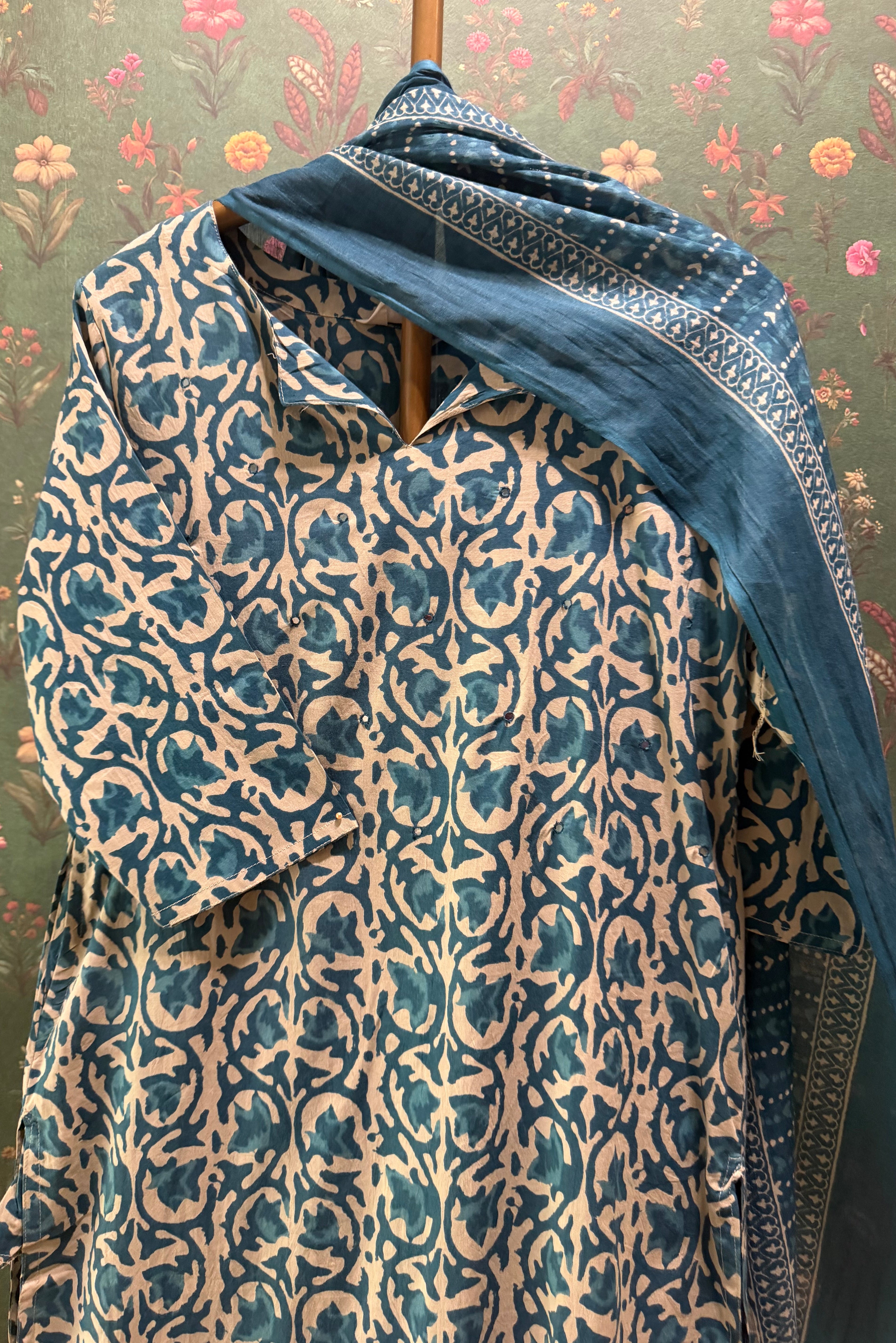 Blue Printed Cotton Suit Set | HER-732