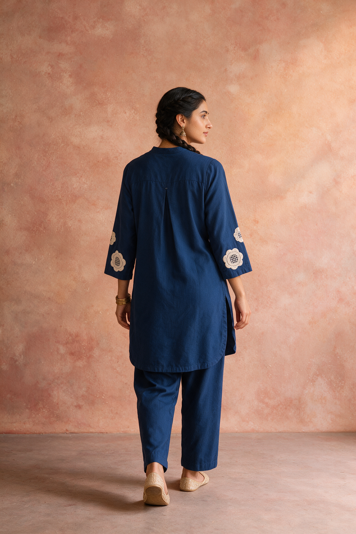 Navy Blue Appliqué Khadi Cotton Kurta/Co-ord Set