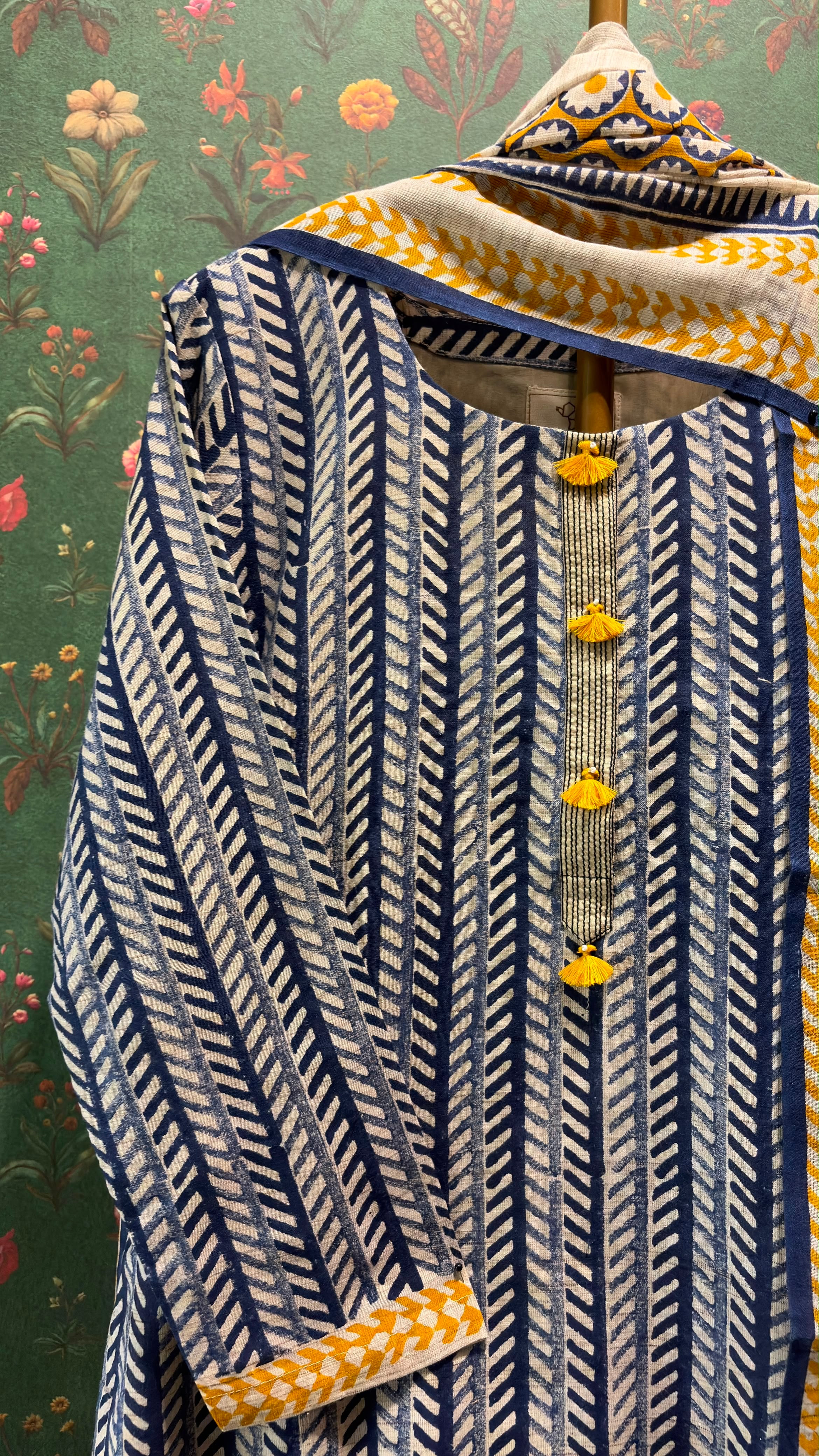Indigo Mustard Handblock Printed Linen Suit Set
