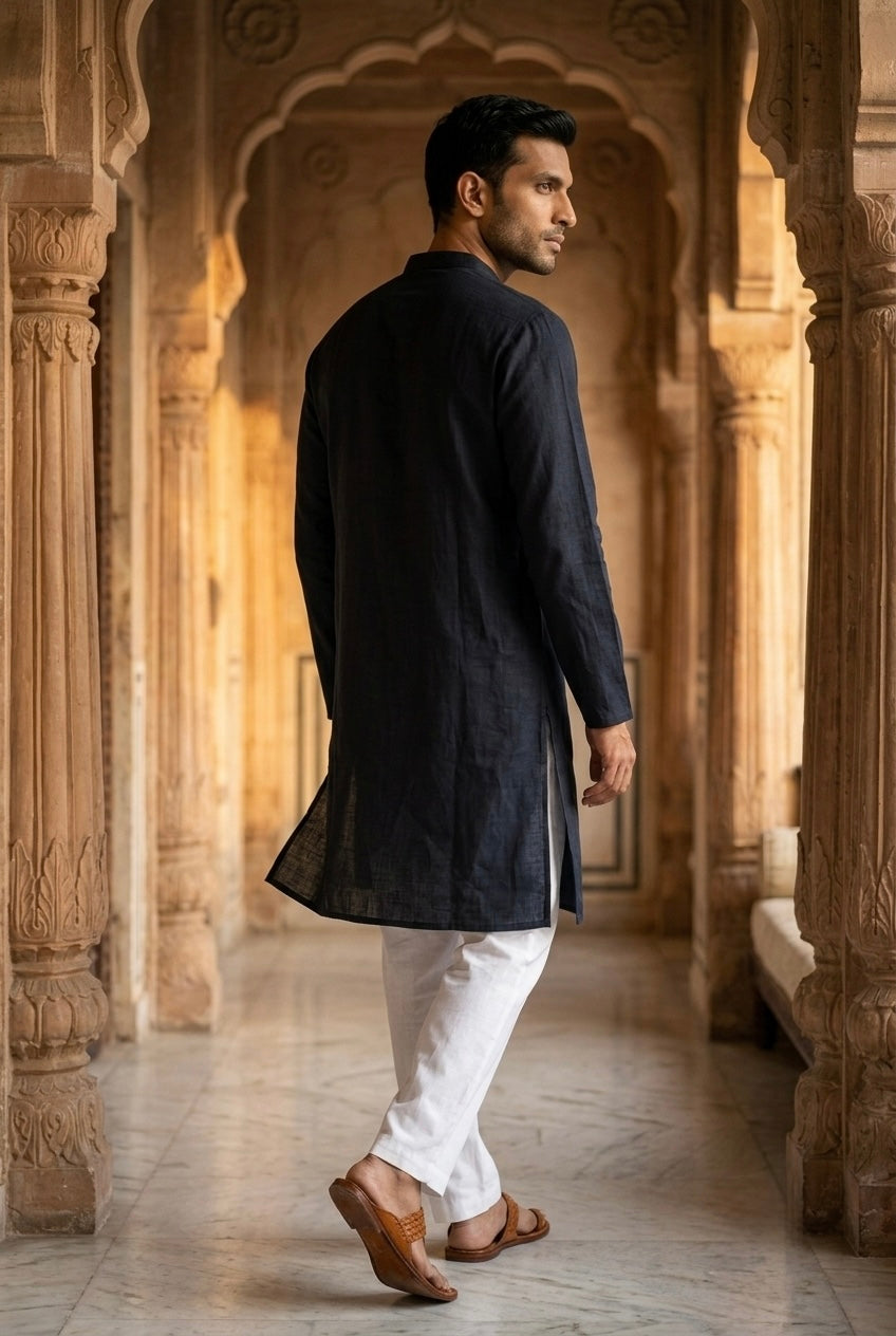 Men’s Pure Linen Kurta Pajama Set – Black