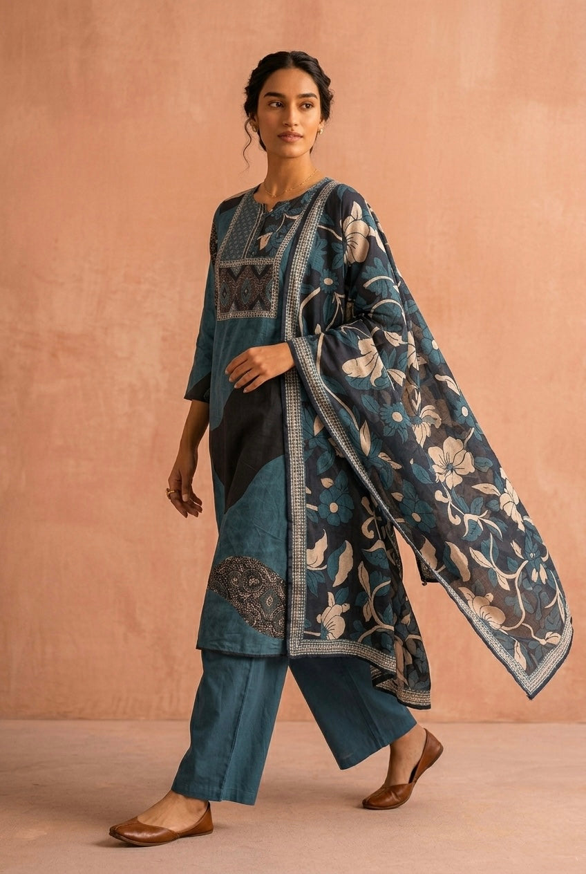 Blue Printed Cotton Suit Set | HER-700