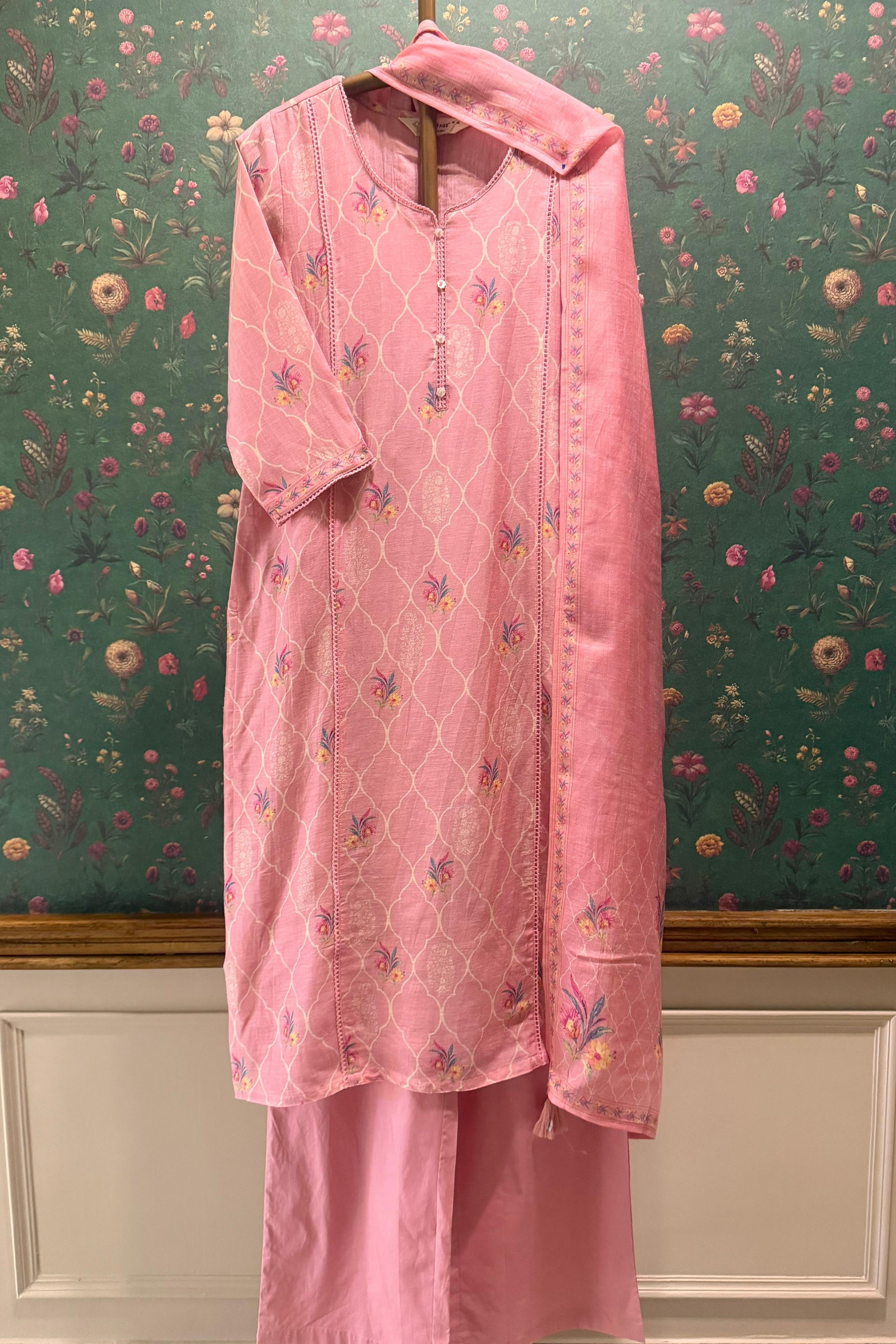 Blush Pink Printed Cotton Linen Suit Set | HER-769