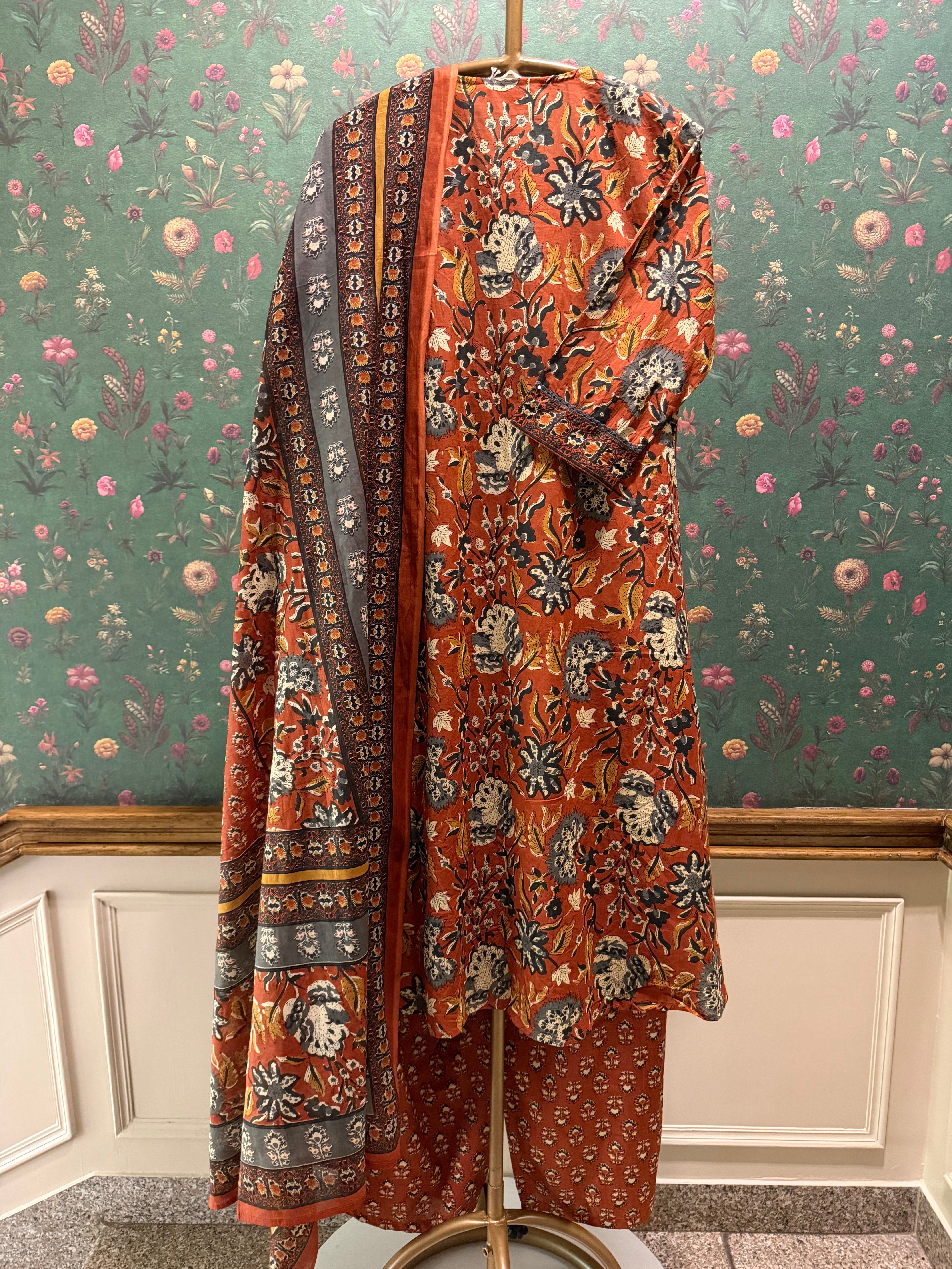 Burnt Saffron Orange Printed A-Line Cotton Suit Set | HER-713