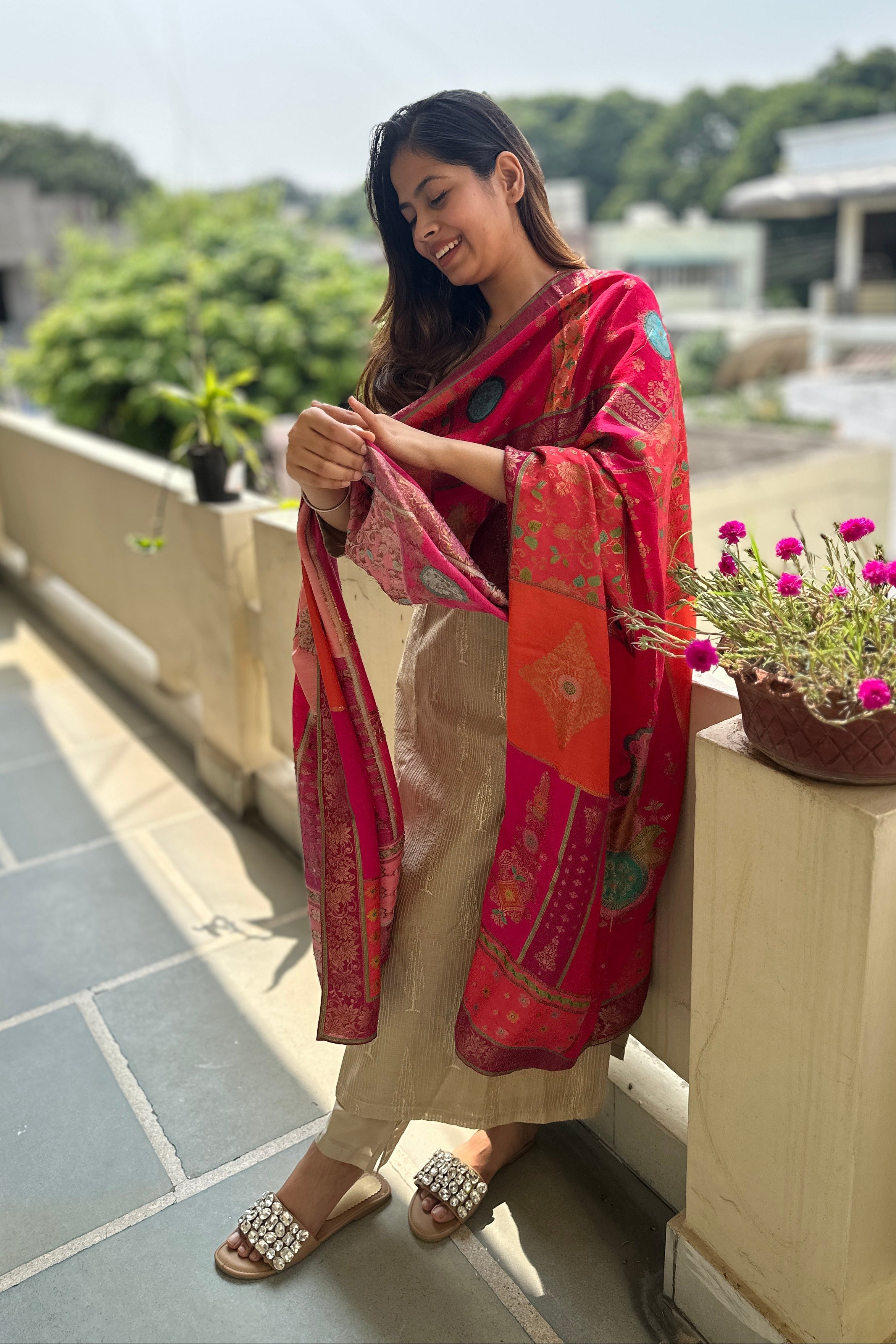 Zayna Gold Chanderi Suit Set with Banarasi Dupatta | HER-486