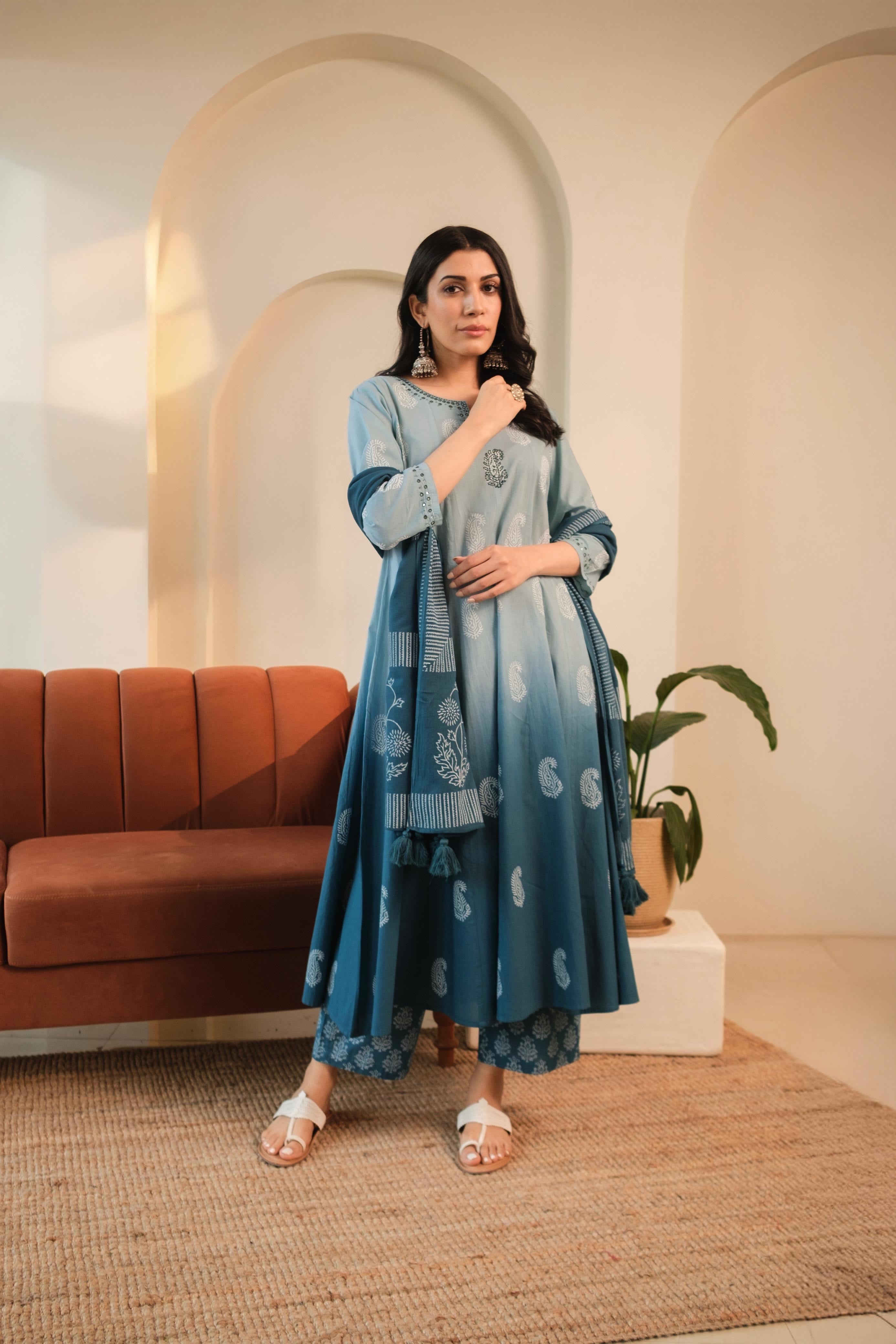 Ombré Blue A-Line Suit Set, with Palazzo Pants | HER-545