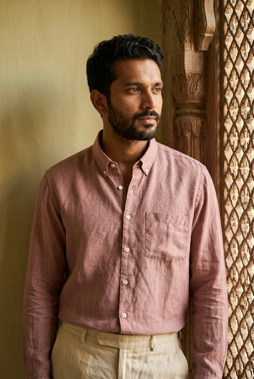 Dusty Rose Pink Men’s Pure Linen Full Sleeves Shirt