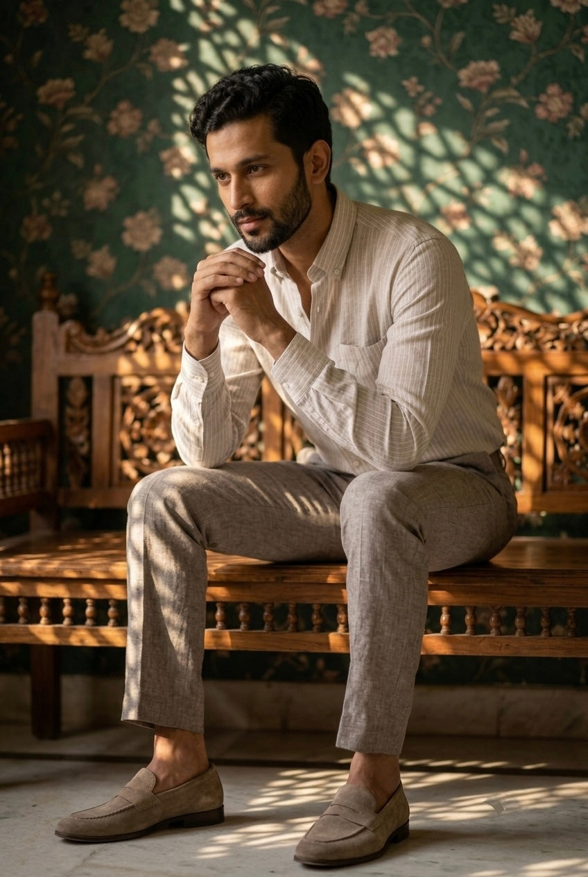 Men’s Ivory Printed Pure Linen Full Sleeves Shirt