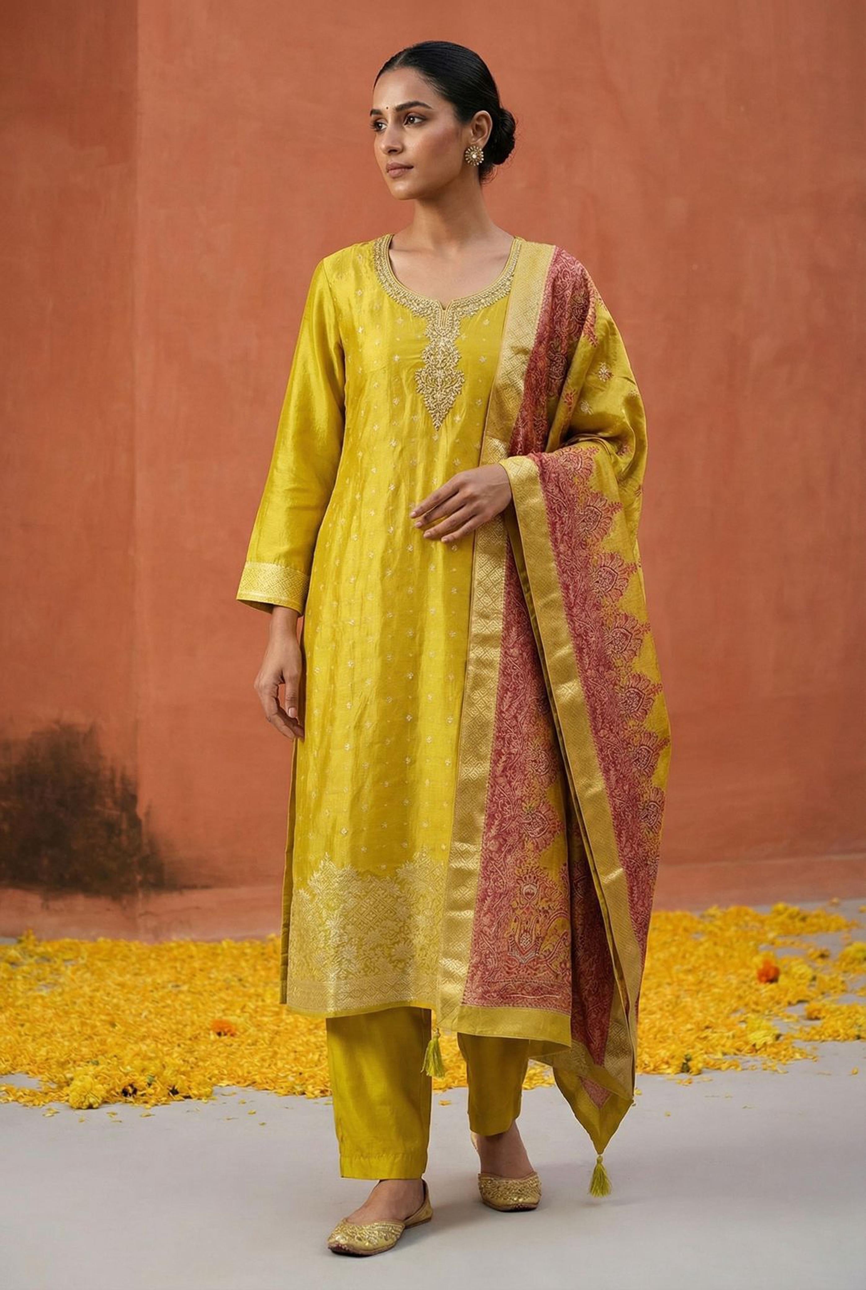 Ira Golden Yellow Silk Suit Set with Banarasi Dupatta | HER-558 YELLOW