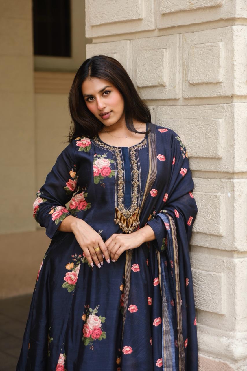Twilight Black Floral Chanderi A-Line Suit Set x Celina | HER-607