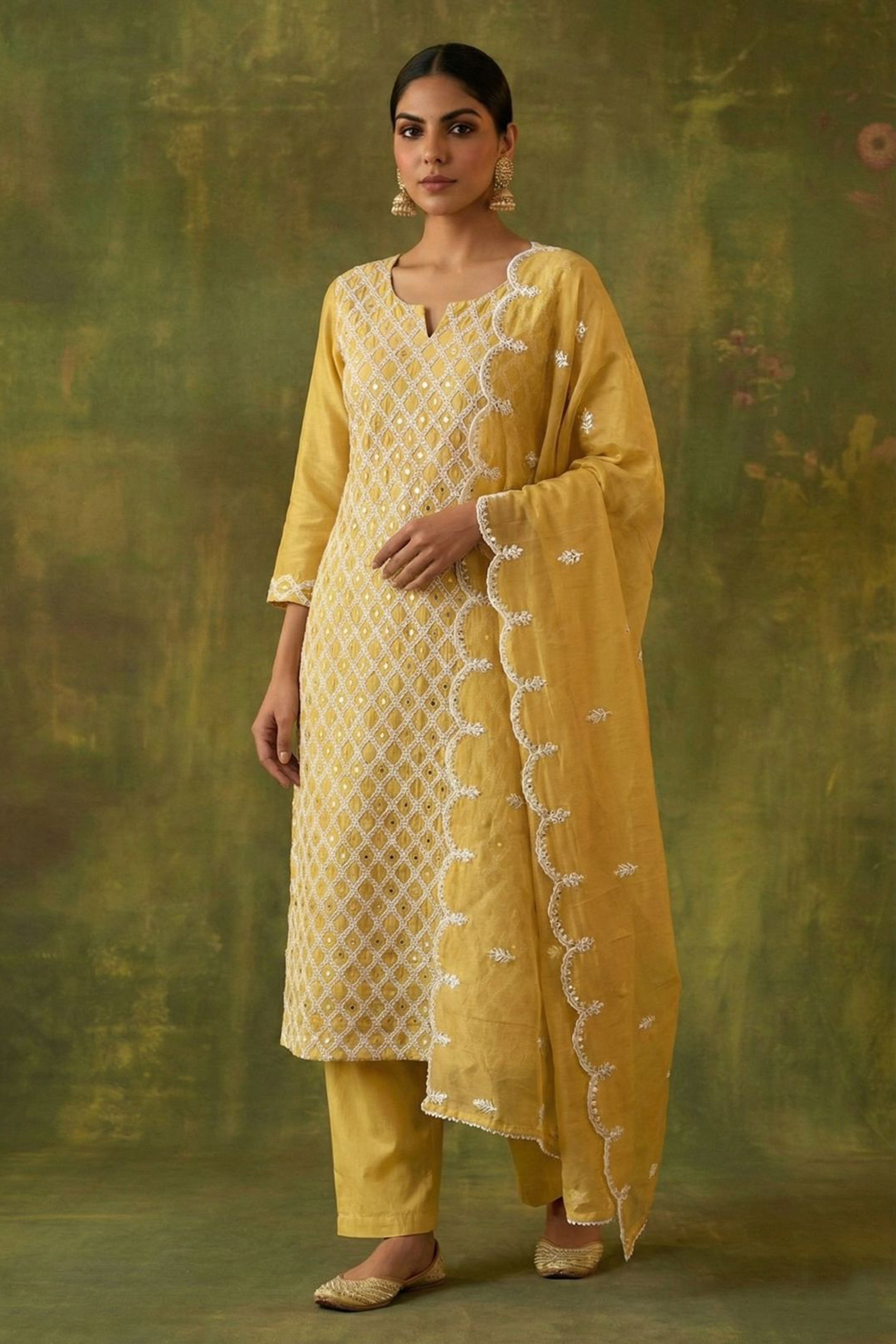 Radiant yellow Chanderi Suit Set with Lattice Embroidery | HER-392