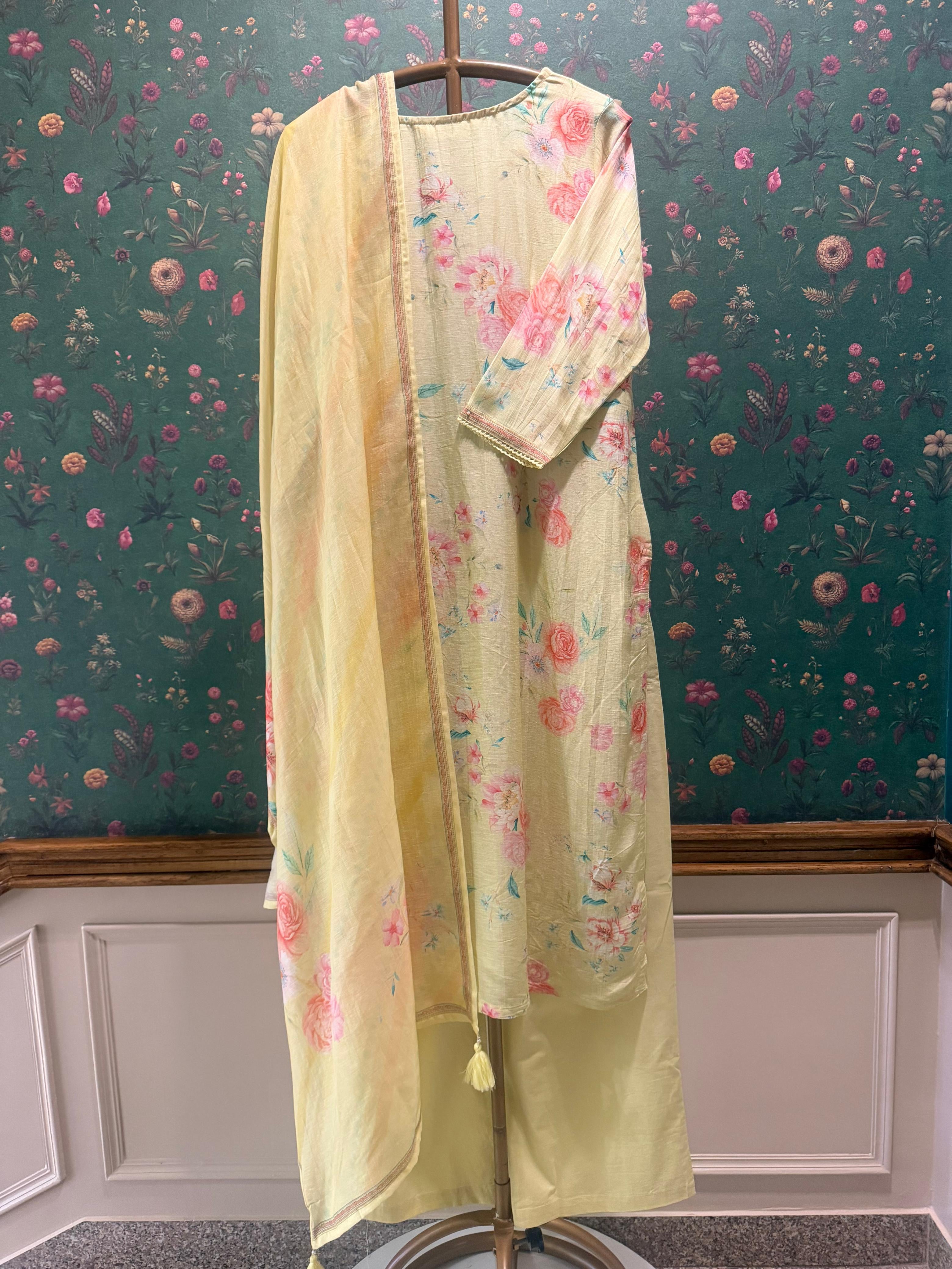 Pastel Yellow Floral Printed Cotton Linen Suit Set | HER-773