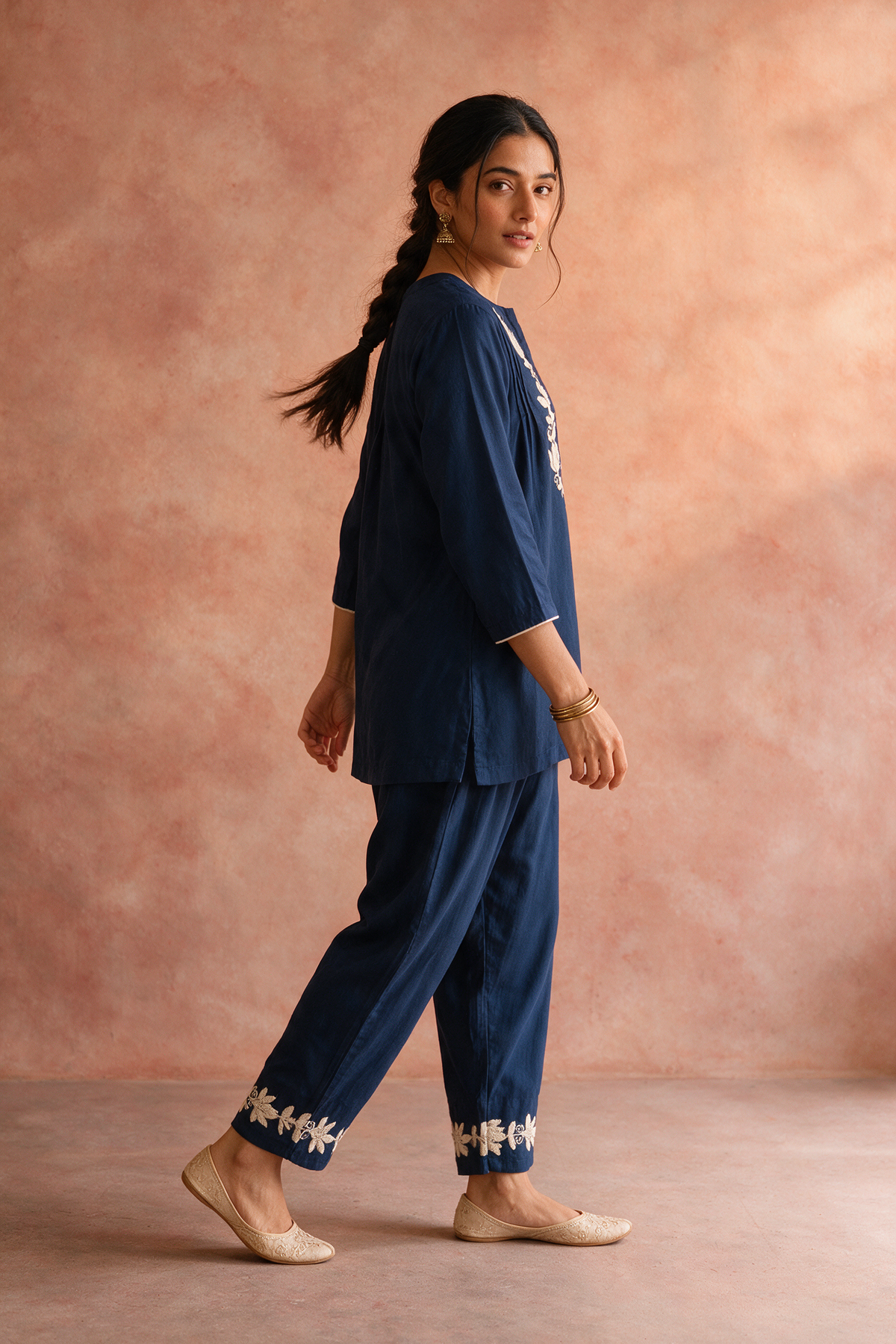 Navy Blue Lotus Embroidered Kurta Set
