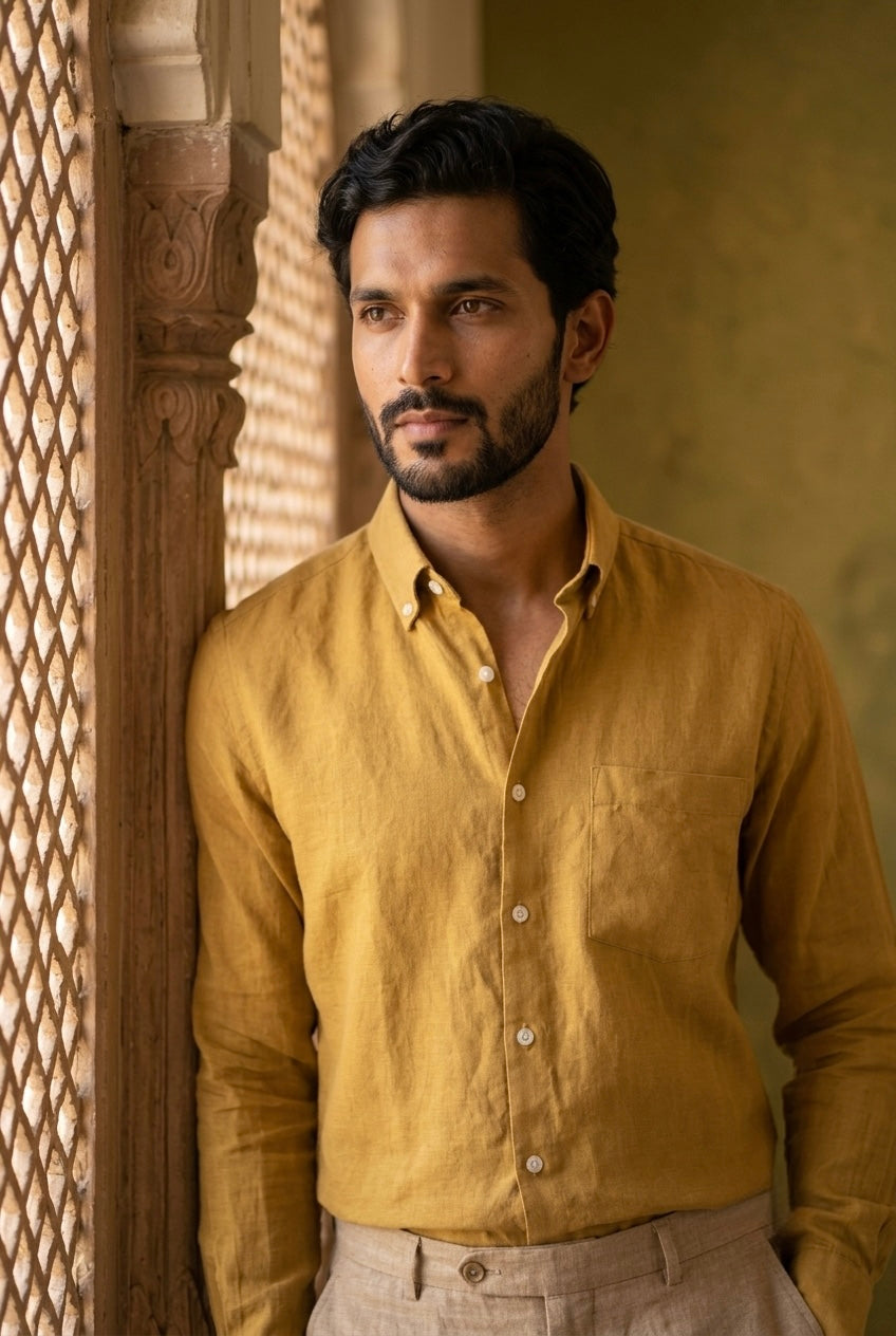 Men’s Mustard Yellow Pure Linen Full Sleeves Shirt