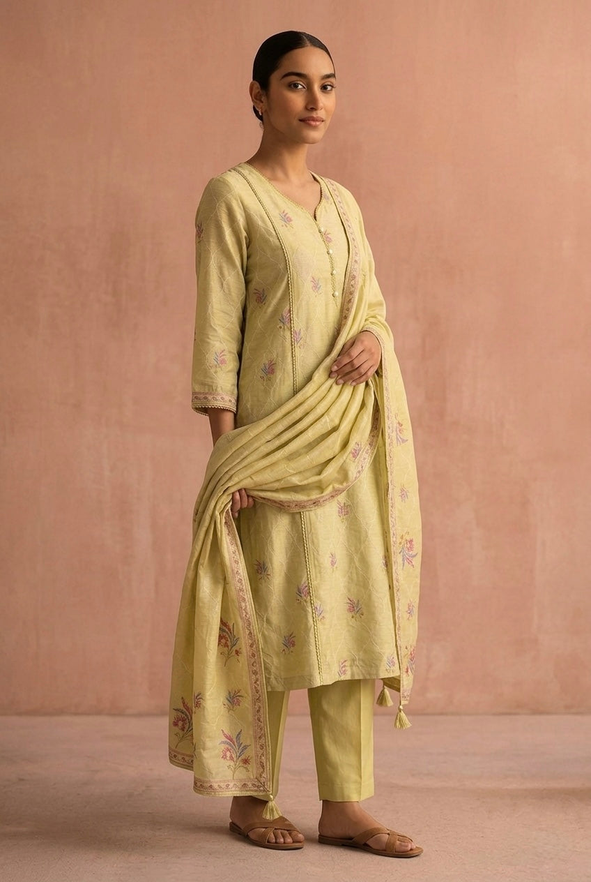 Lime Green Printed Cotton Linen Suit Set | HER-769