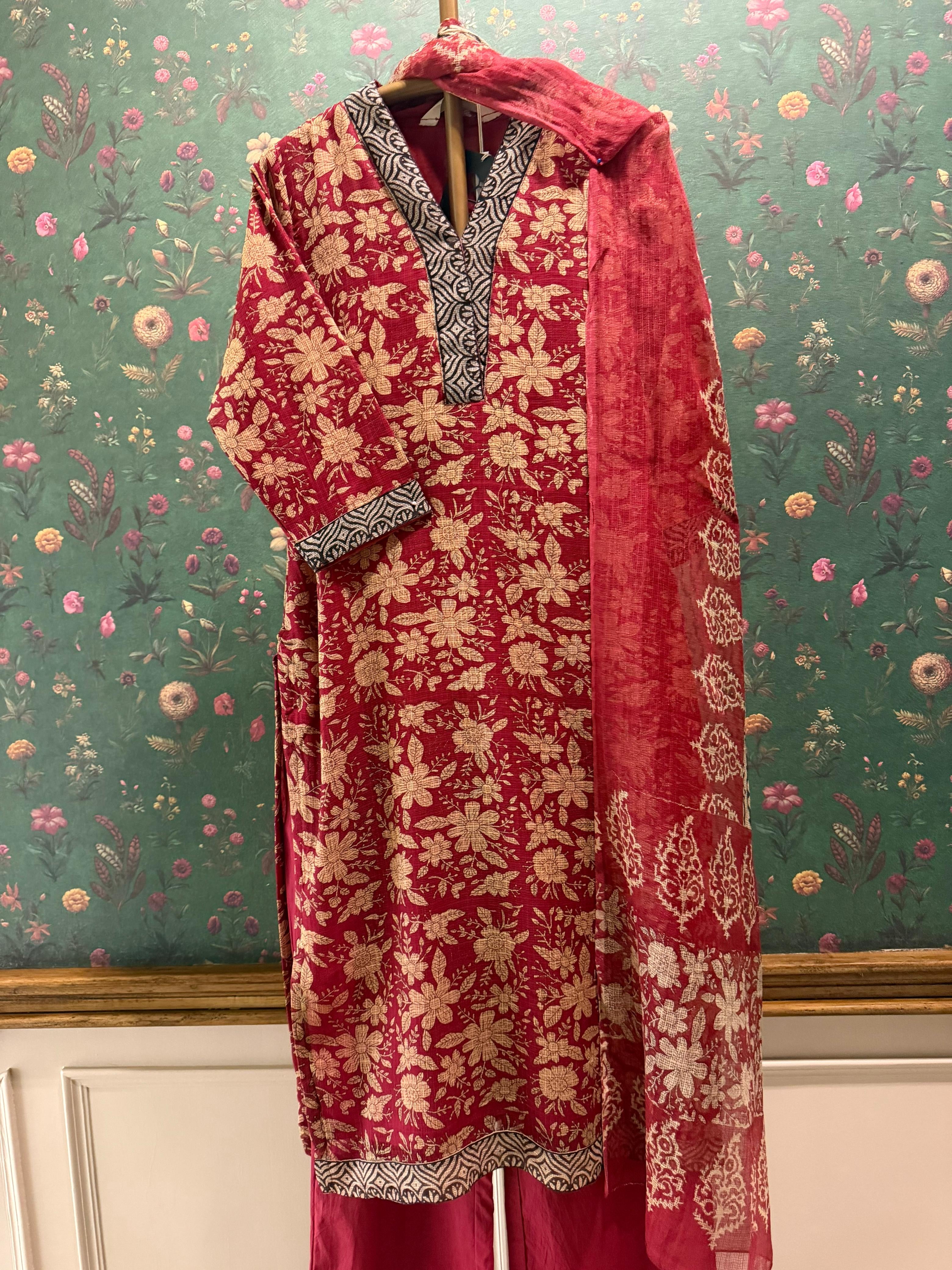 Crimson Red Floral Printed Kota Doria Suit Set, with Kota Doria Dupatta | HER-755