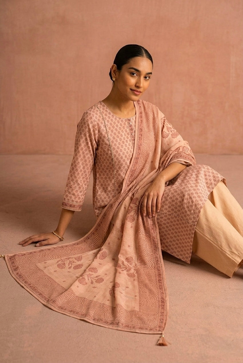 Dusty Peach Printed Linen Cotton Suit Set | HER-772