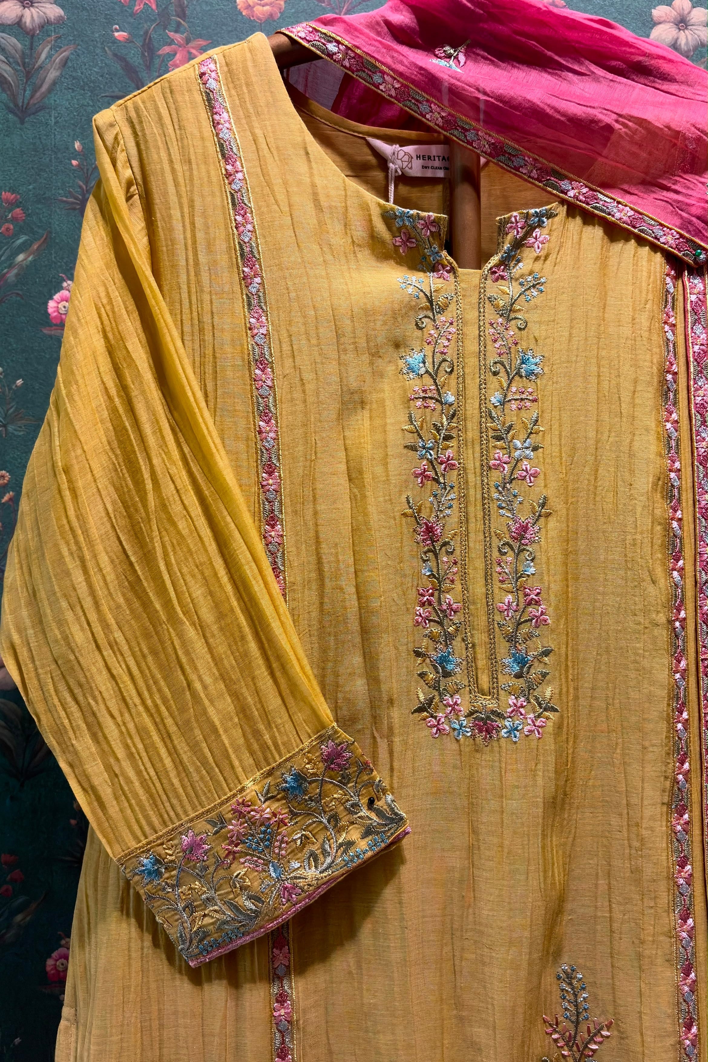 Mustard Yellow Mul-Chanderi Embroidered Suit Set | HER-780