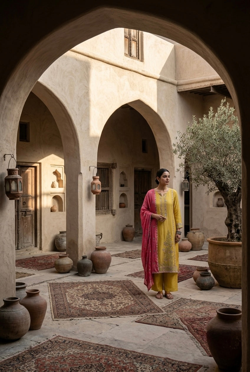 Mustard Yellow Mul-Chanderi Embroidered Suit Set