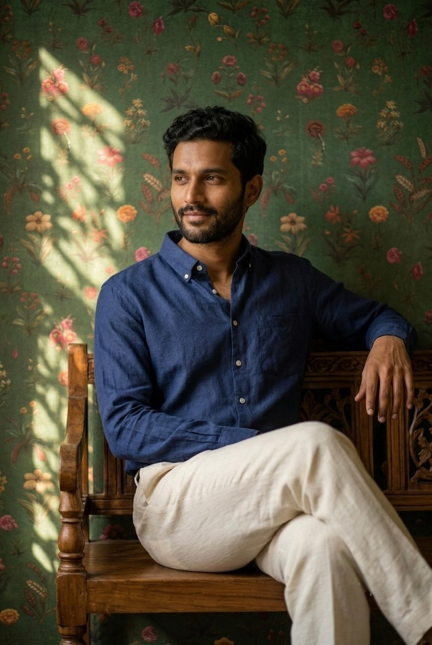 Deep Indigo Blue Men’s Pure Linen Full-Sleeves Shirt