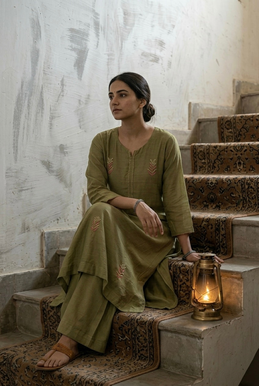 Olive Green Embellished Mul Chanderi A-Line Suit Set