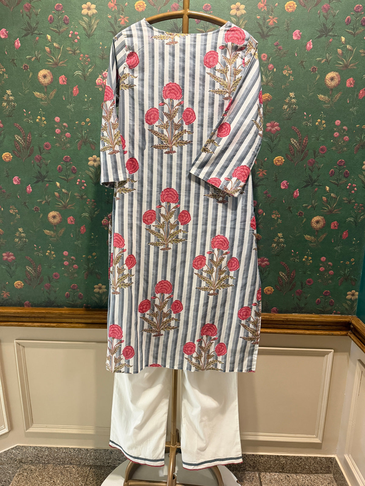 Blue Stripe Floral Cotton Kurta Set