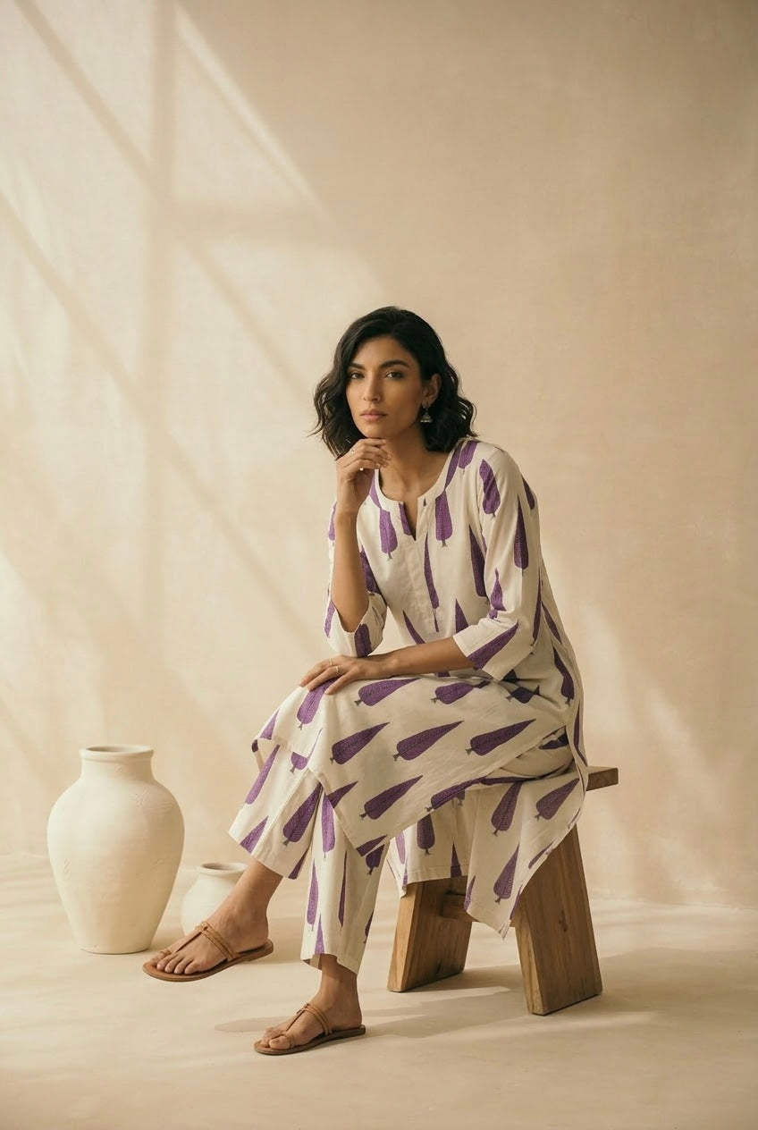 Purple Cotton Printed Kurta Set | HER-711