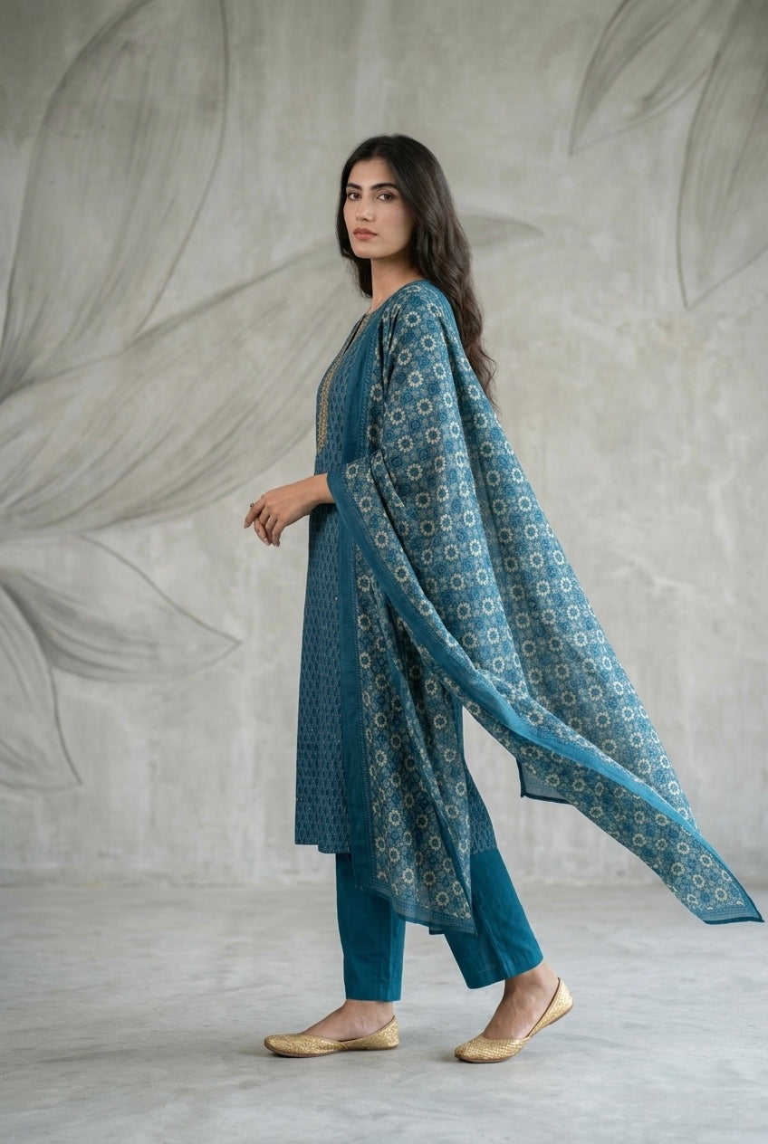 Teal Blue Printed Chanderi Suit Set with Zari | HER-397