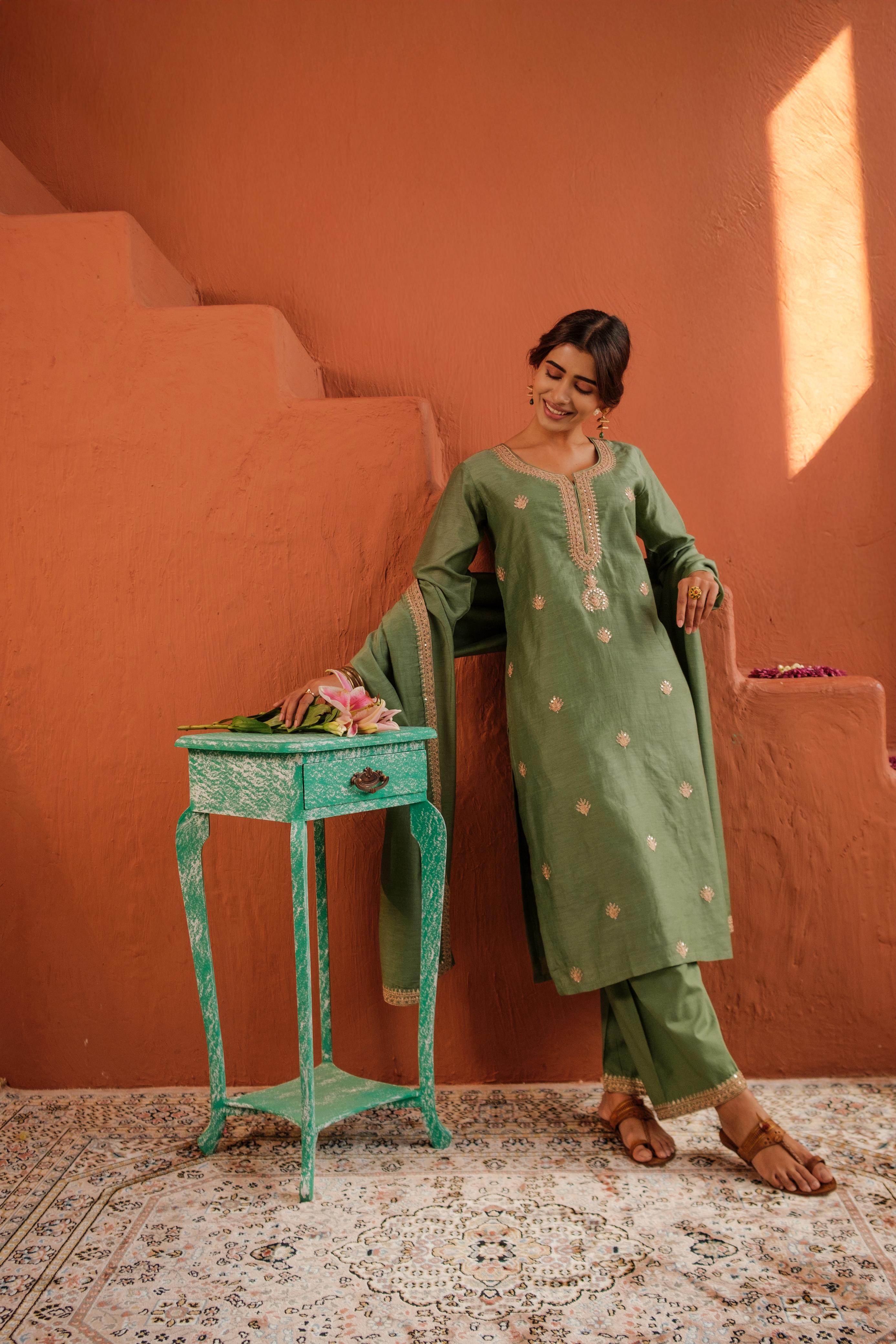 Aafreen Sage Green Mul Chanderi Embroidered Suit Set | HER-543