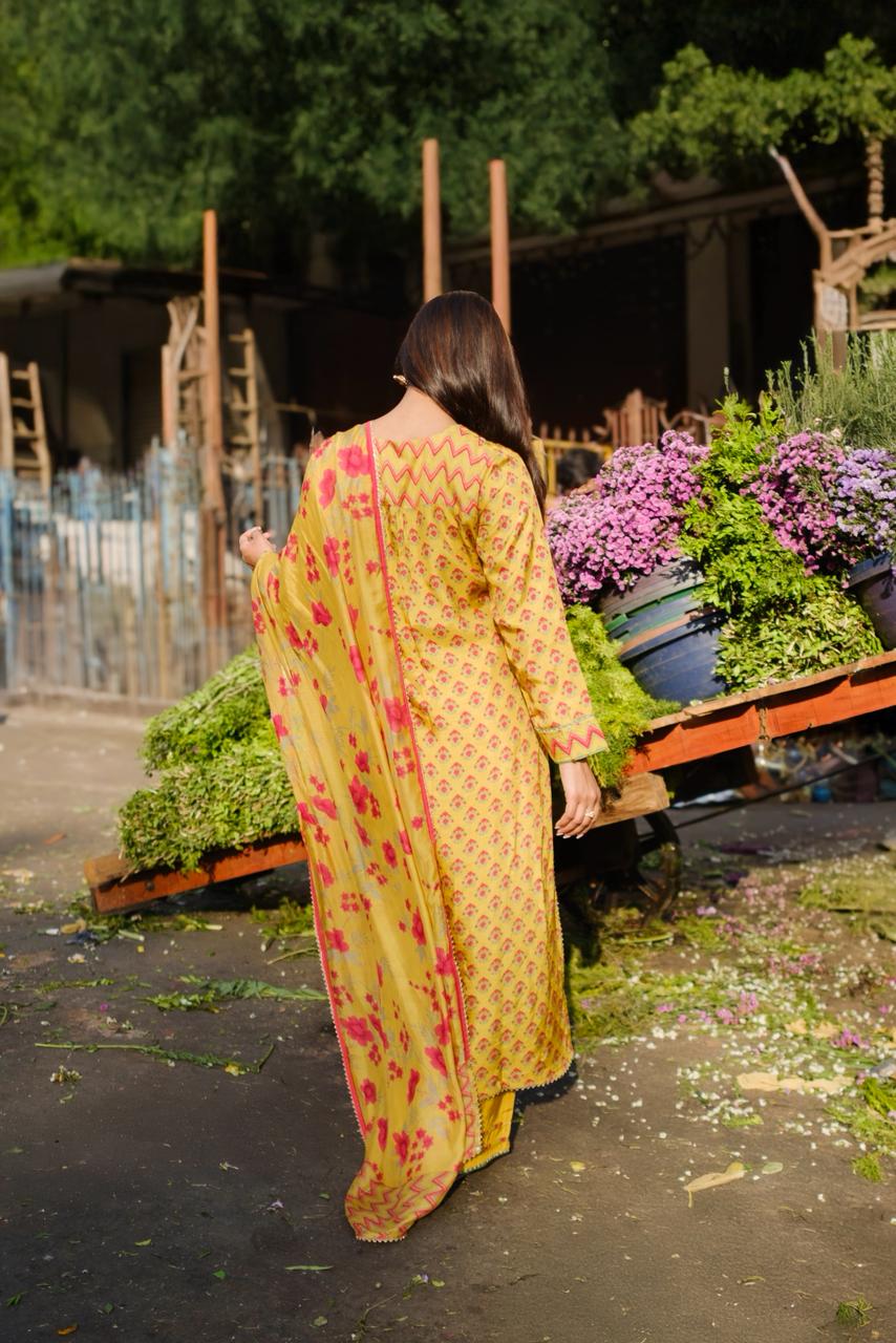 Sunshine Yellow Floral Chanderi Silk Suit Set | HER-636