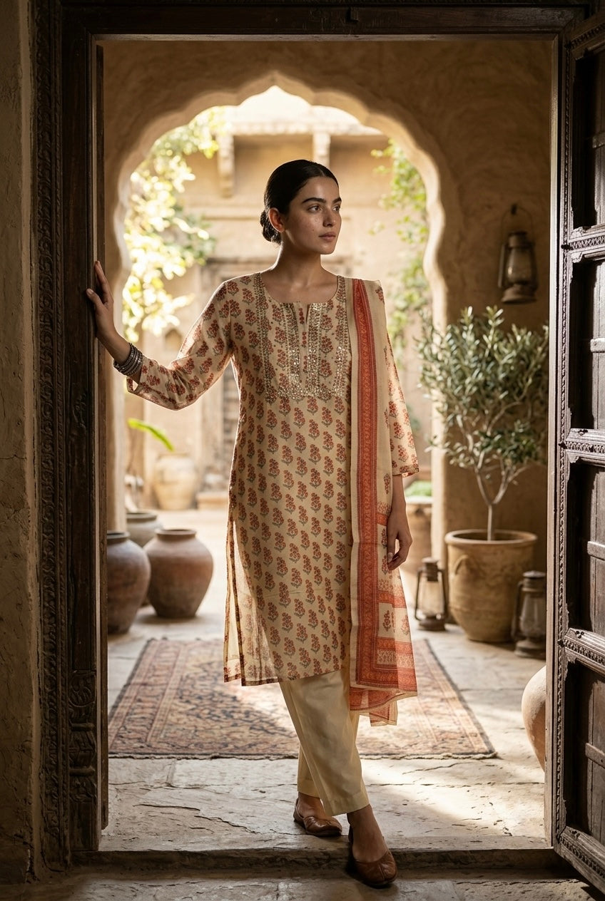 Gulmohar Ivory Chanderi Suit Set | HER-213